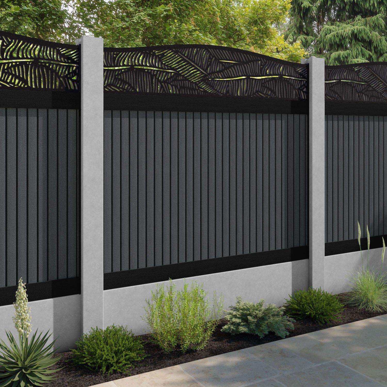 Virtis Feather Curved Top Fence Panel - Dark Grey - for existing concrete posts