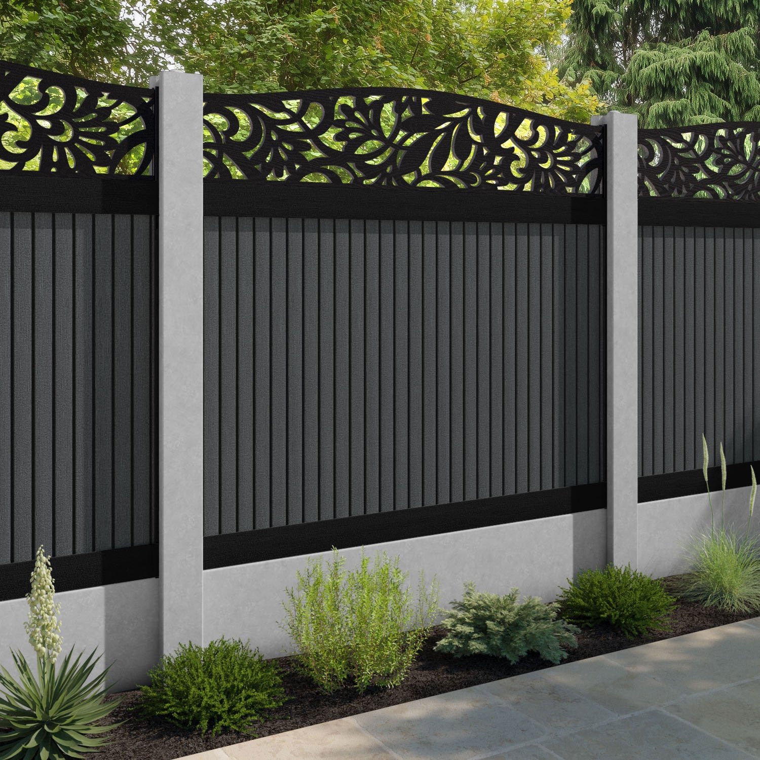 Virtis Heritage Curved Top Fence Panel - Dark Grey - for existing concrete posts
