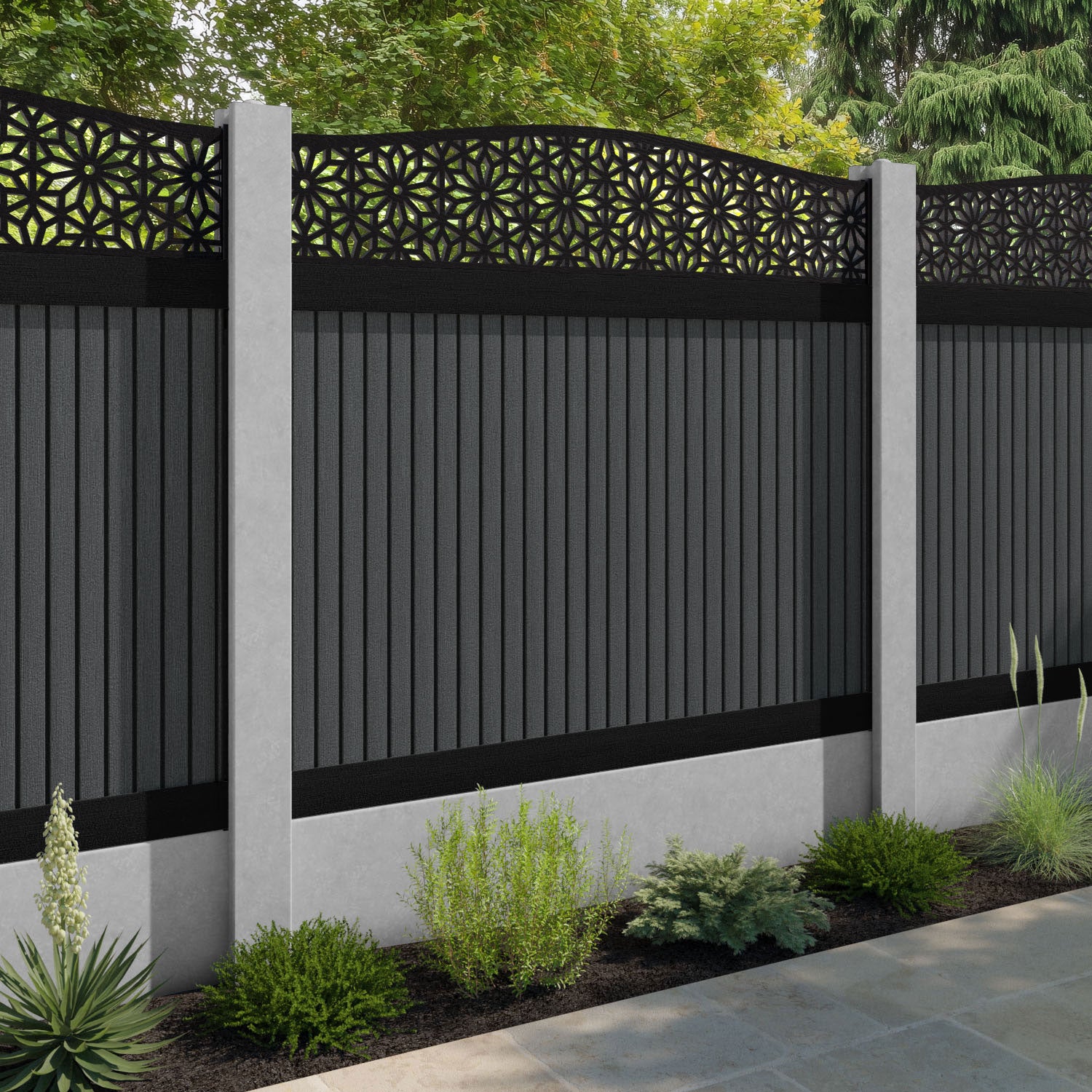Virtis Narwa Curved Top Fence Panel - Dark Grey - for existing concrete posts