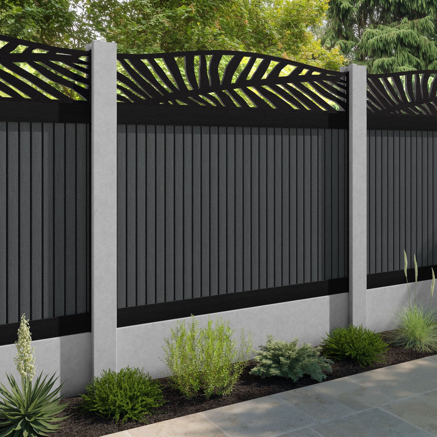 Virtis Palm Curved Top Fence Panel - Dark Grey - for existing concrete posts