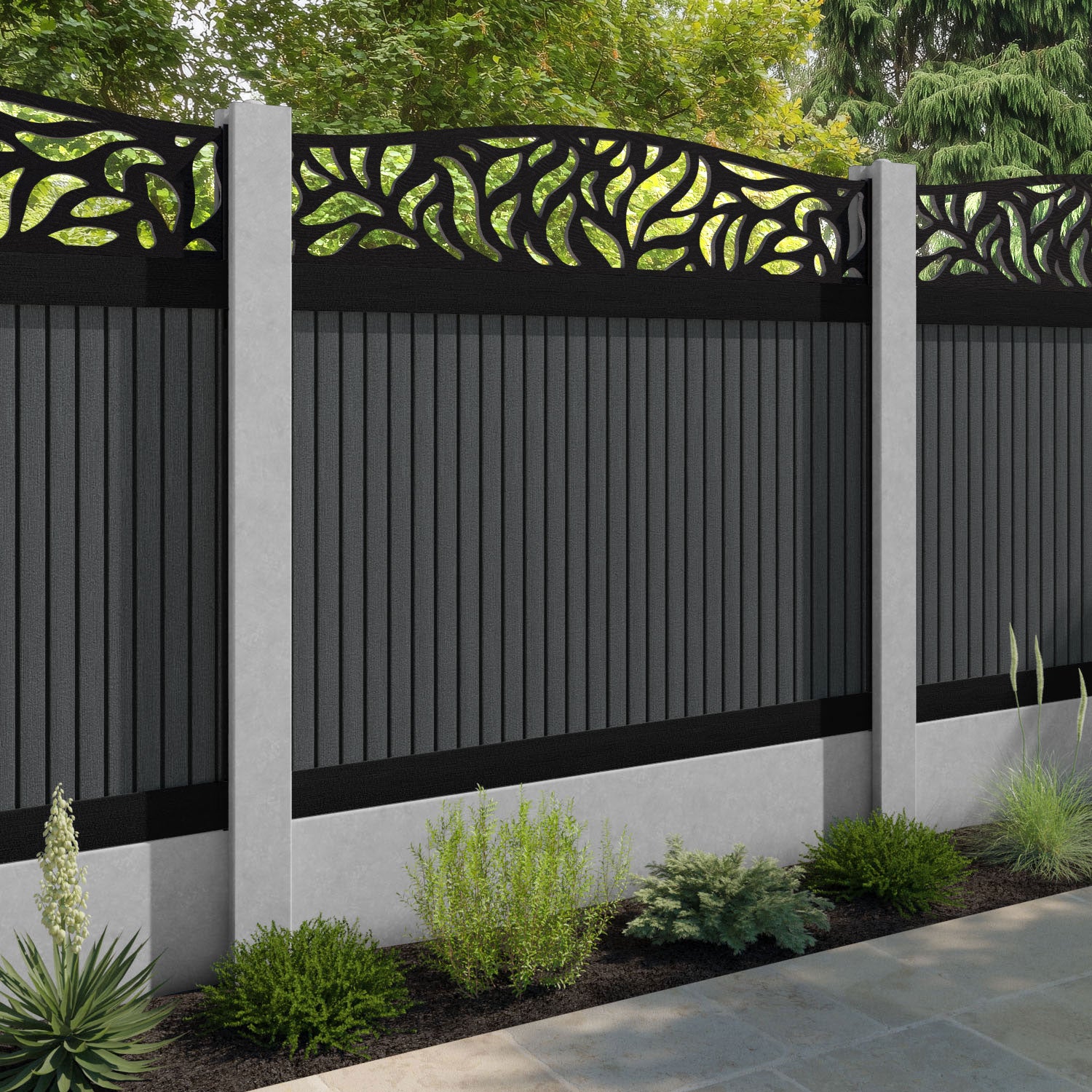 Virtis Plume Curved Top Fence Panel - Dark Grey - for existing concrete posts