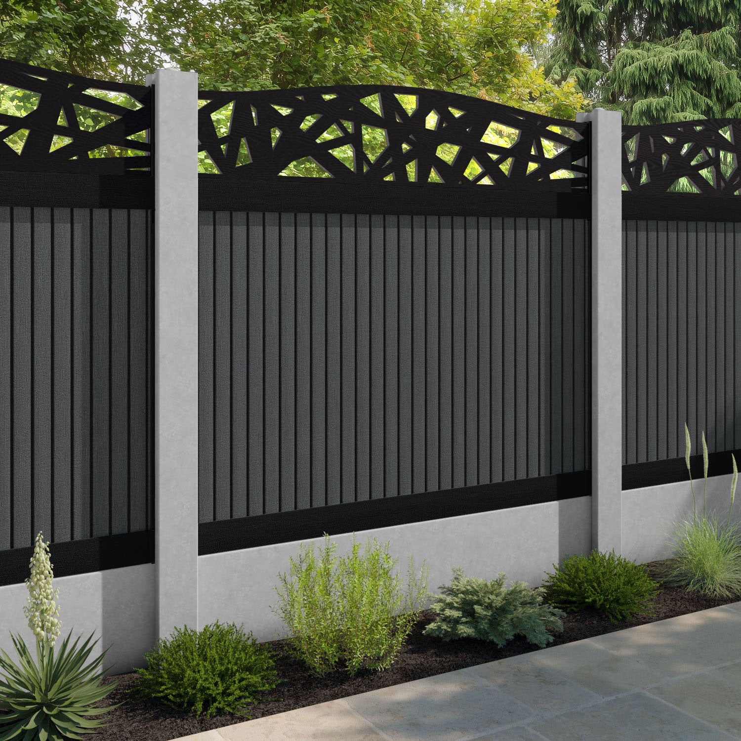 Virtis Prism Curved Top Fence Panel - Dark Grey - for existing concrete posts