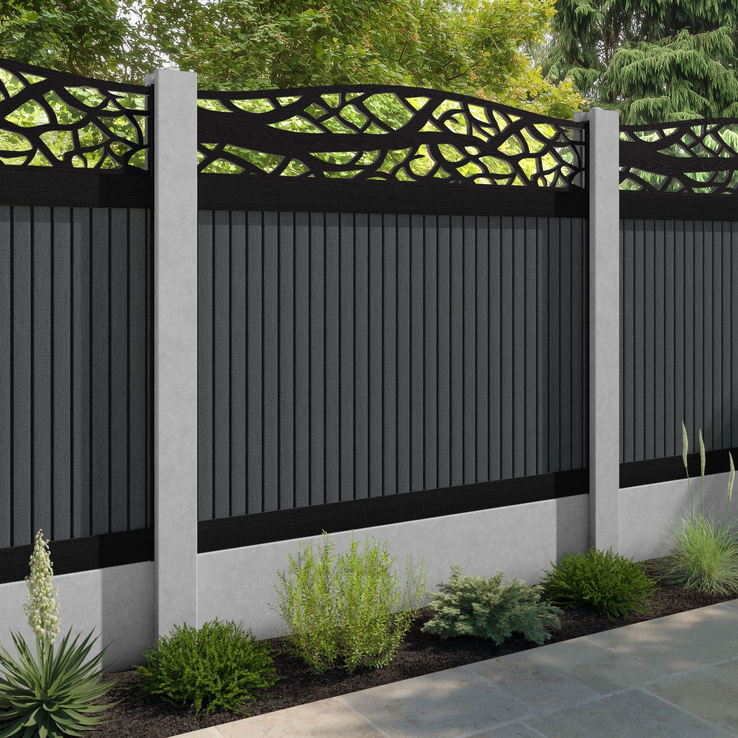 Virtis Twilight Curved Top Fence Panel - Dark Grey - for existing concrete posts