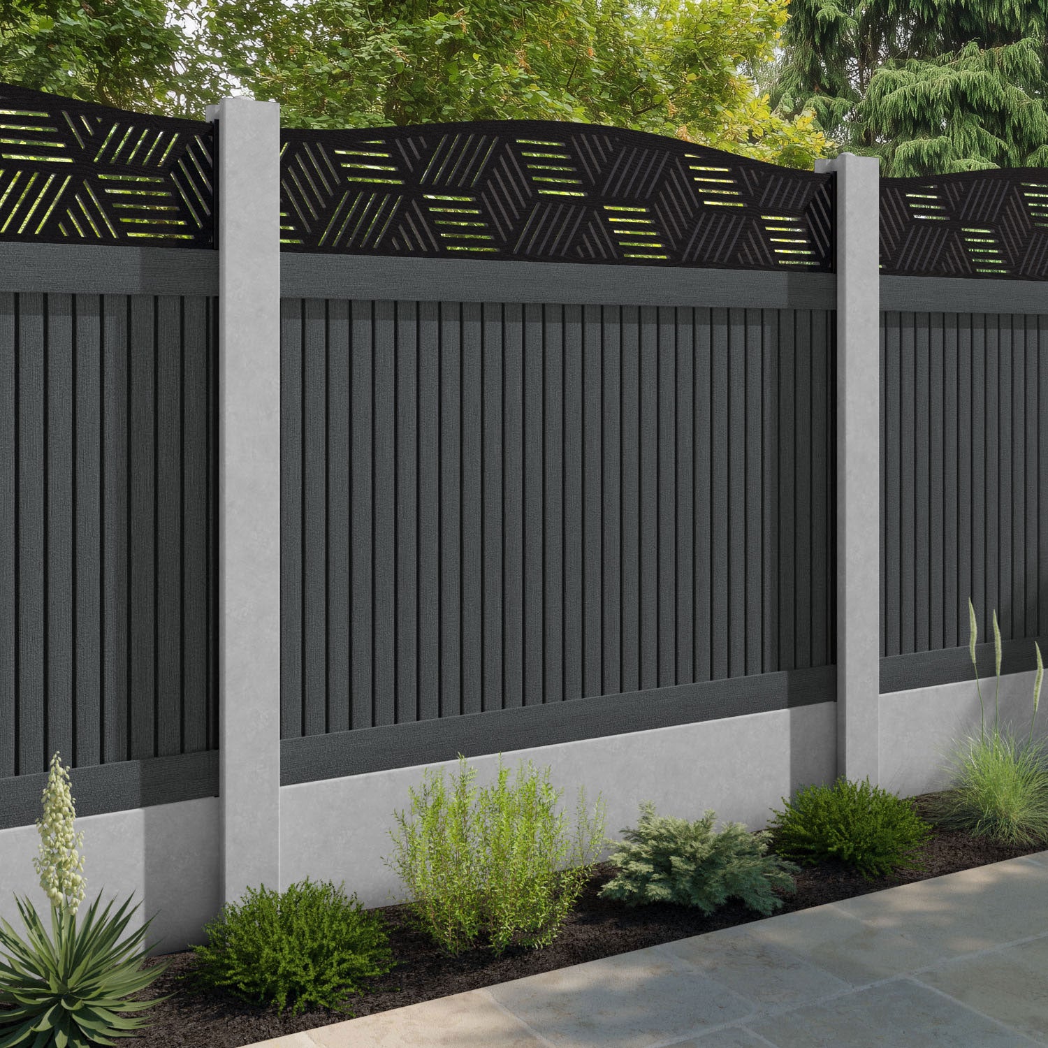 Virtis Cubed Curved Top Fence Panel - Dark Grey - for existing concrete posts