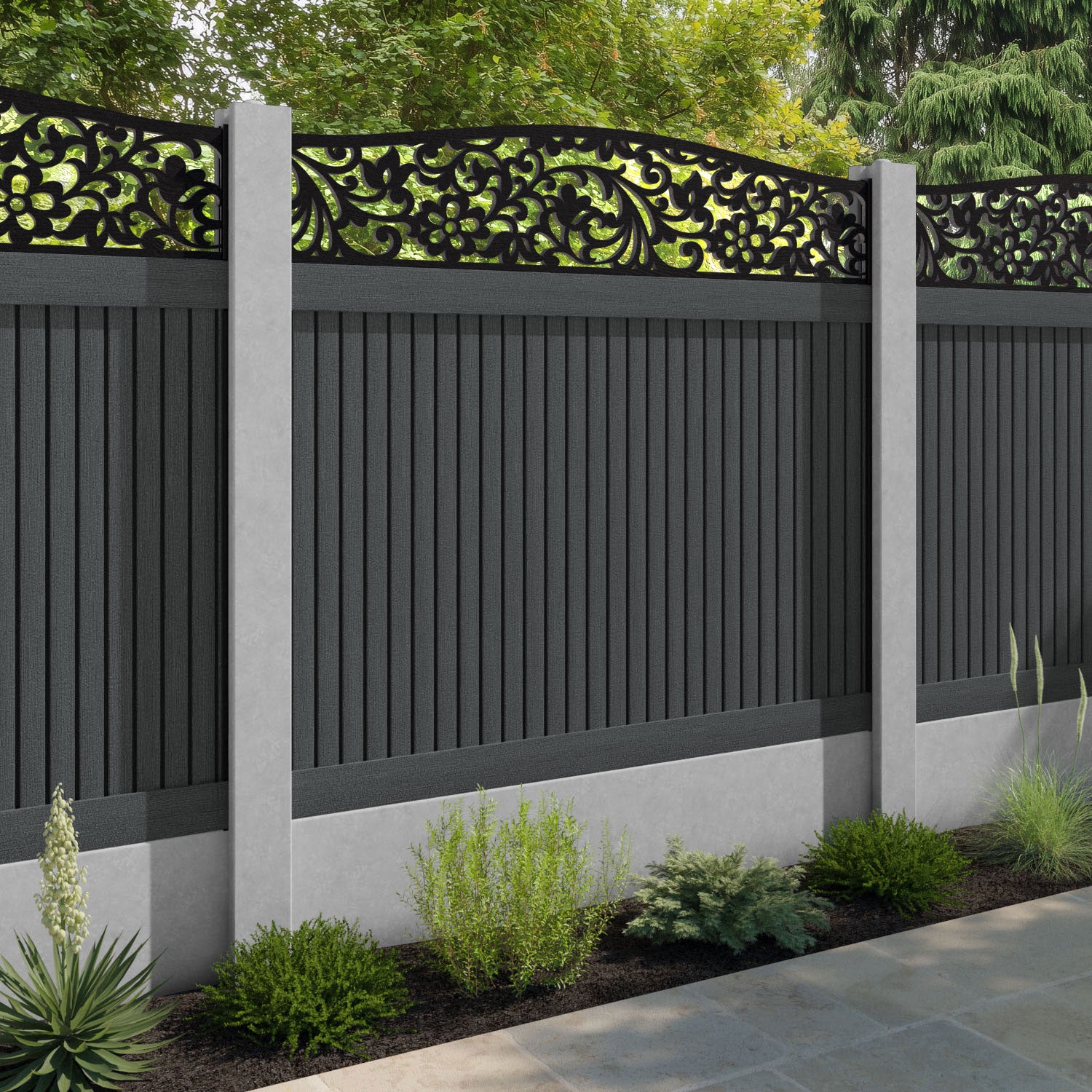 Virtis Eden Curved Top Fence Panel - Dark Grey - for existing concrete posts