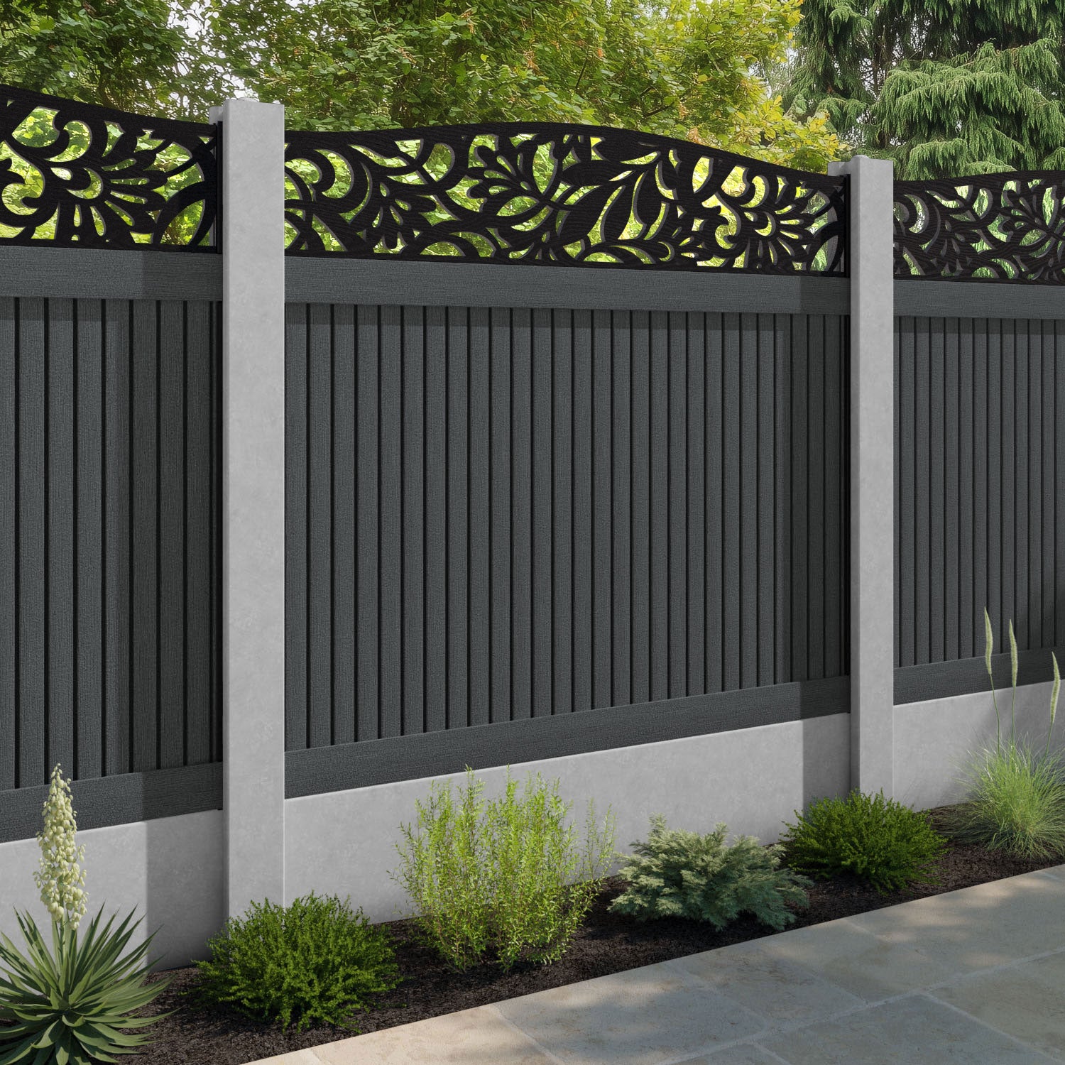 Virtis Heritage Curved Top Fence Panel - Dark Grey - for existing concrete posts