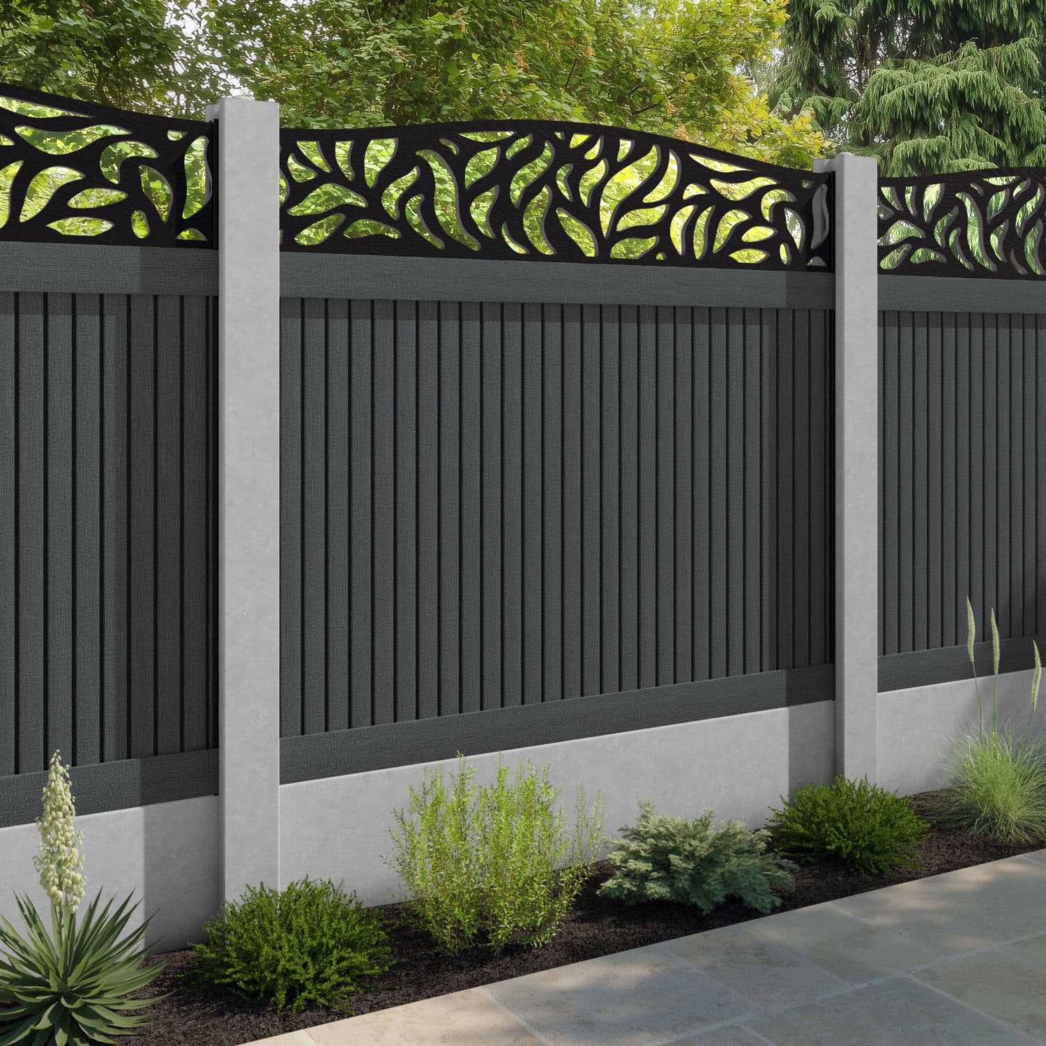 Virtis Plume Curved Top Fence Panel - Dark Grey - for existing concrete posts