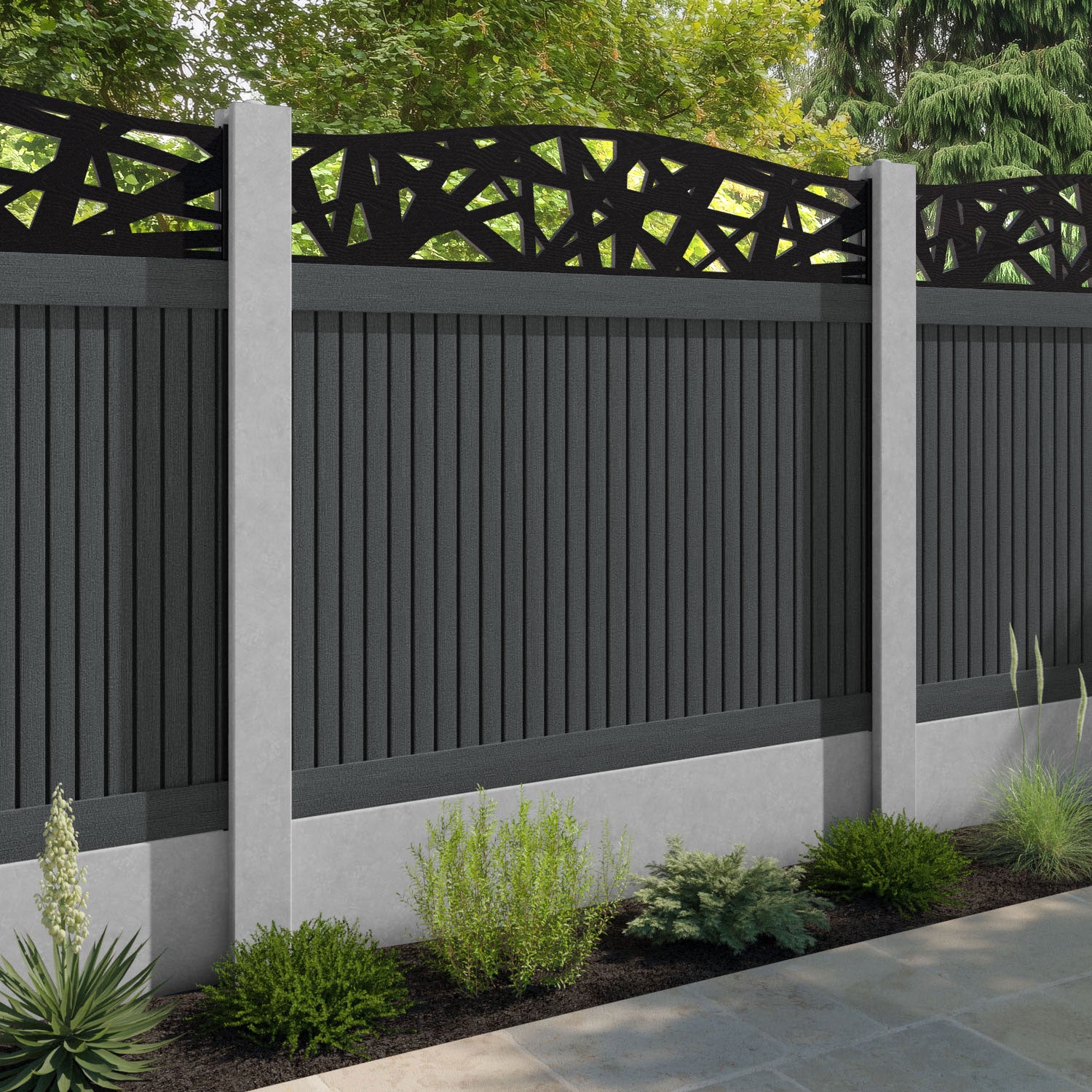 Virtis Prism Curved Top Fence Panel - Dark Grey - for existing concrete posts