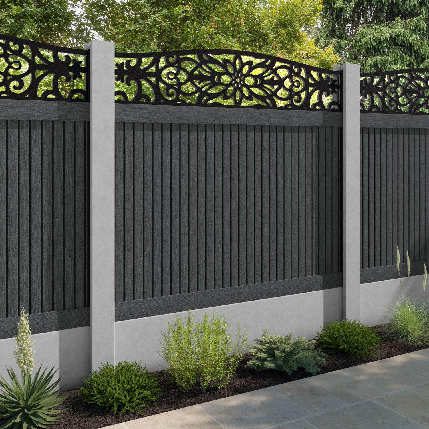 Virtis Windsor Curved Top Fence Panel - Dark Grey - for existing concrete posts