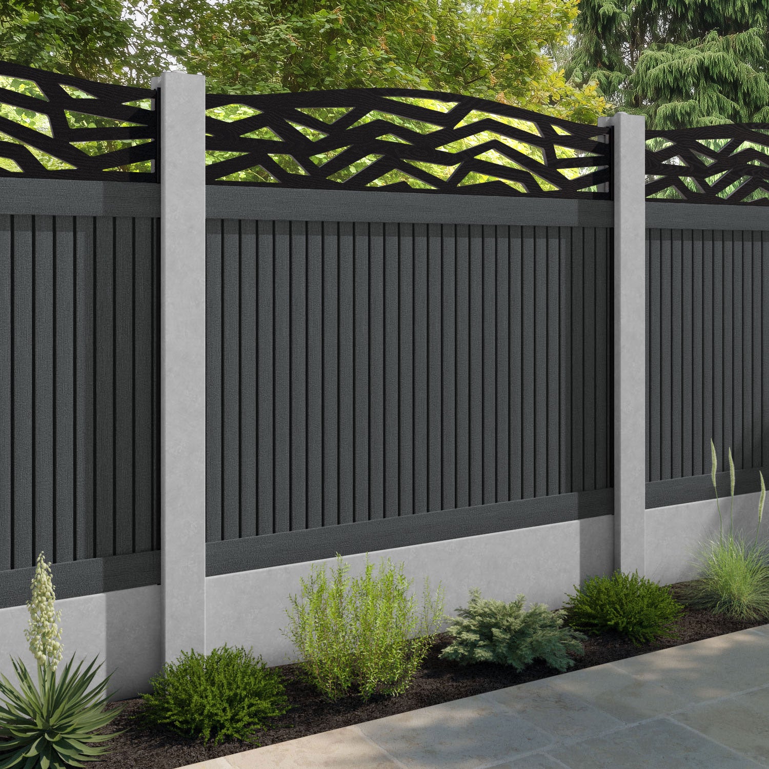 Virtis Zenith Curved Top Fence Panel - Dark Grey - for existing concrete posts