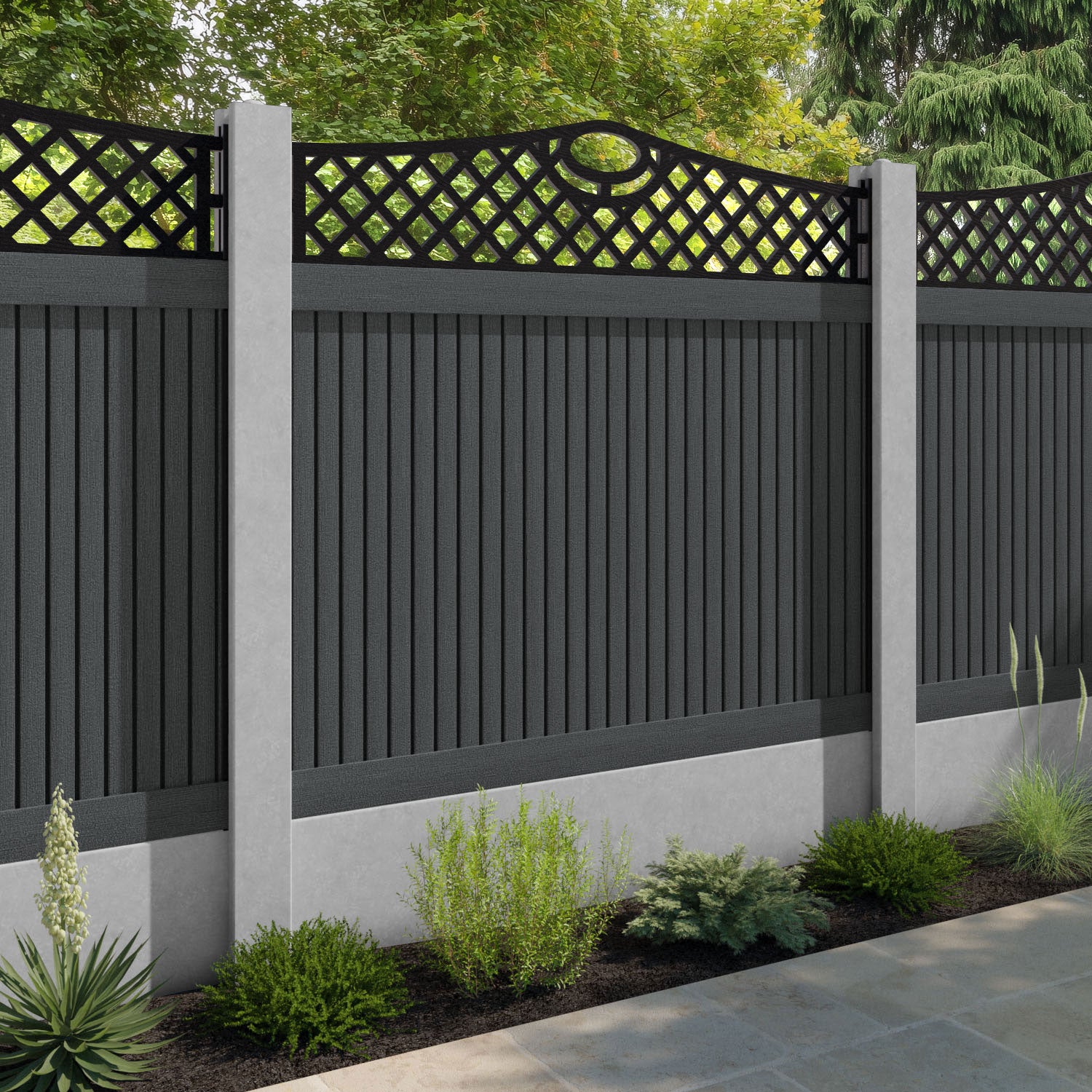 Virtis Oxford Curved Top Fence Panel - Dark Grey - for existing concrete posts