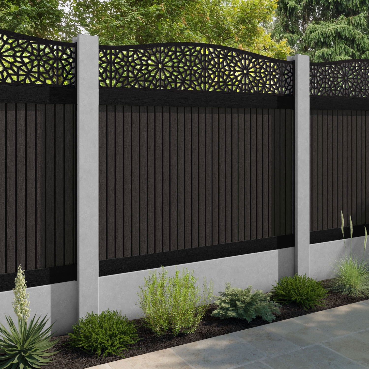 Virtis Alnara Curved Top Fence Panel - Dark Oak - for existing concrete posts