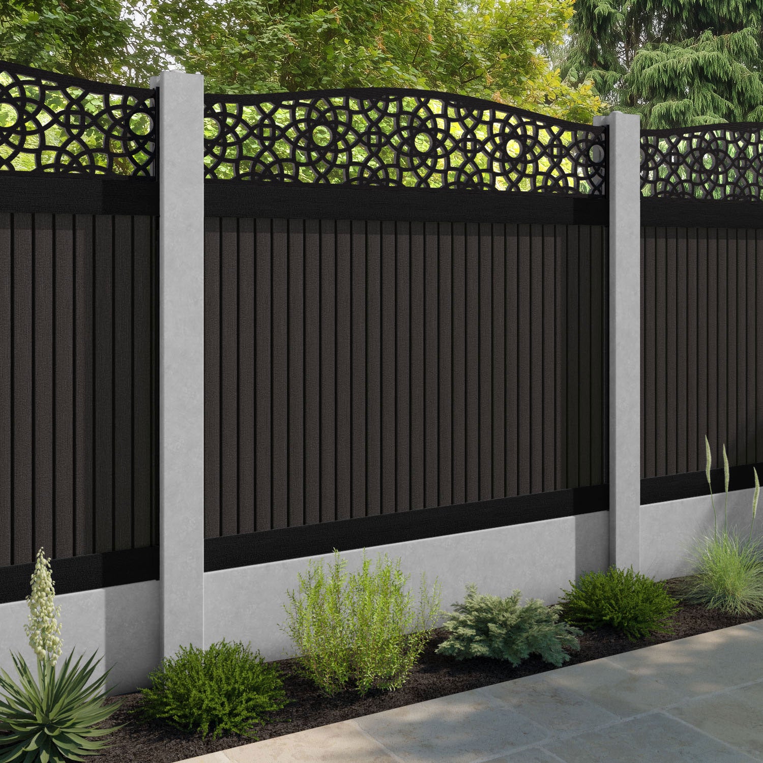 Virtis Ambar Curved Top Fence Panel - Dark Oak - for existing concrete posts