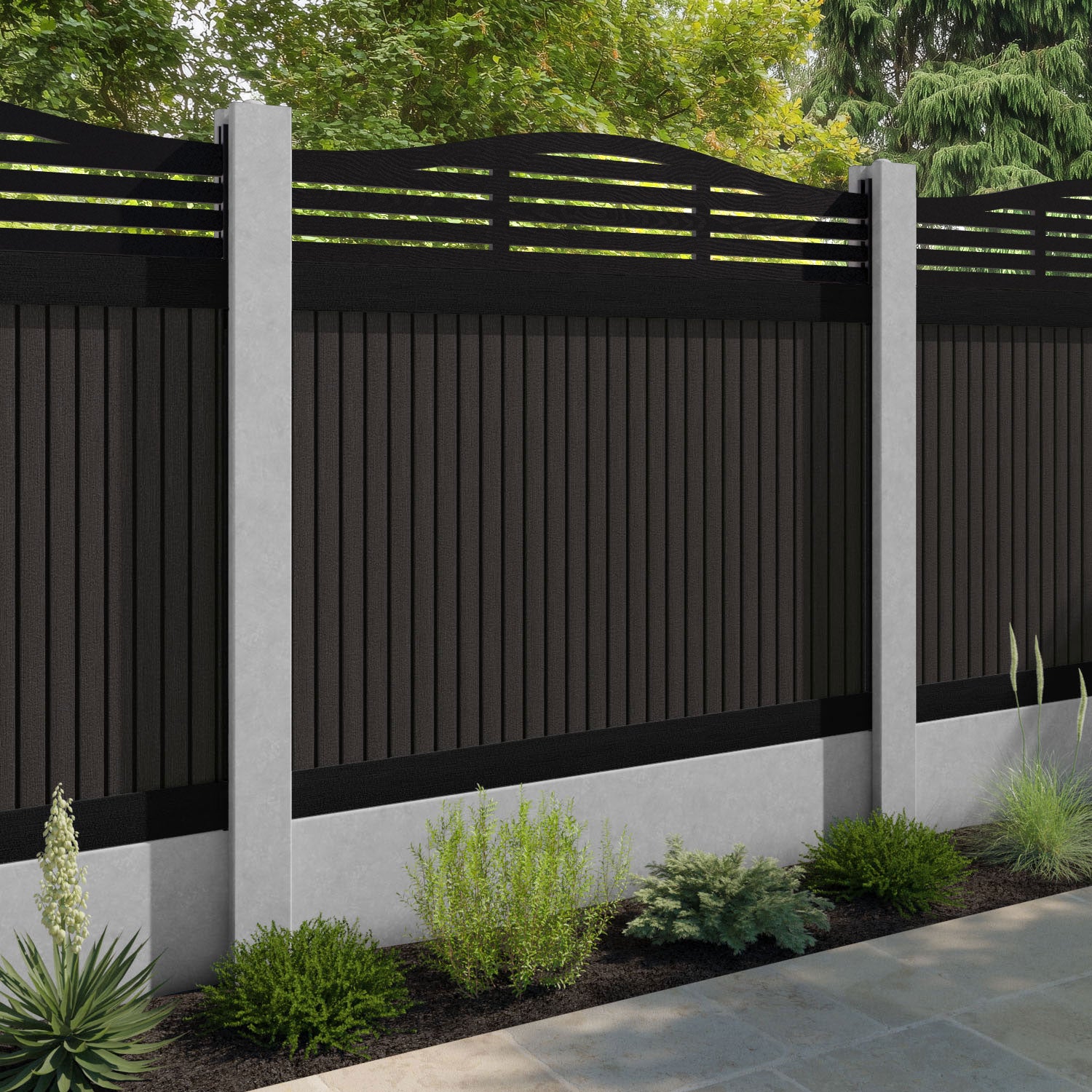 Virtis Aspen Curved Top Fence Panel - Dark Oak - for existing concrete posts
