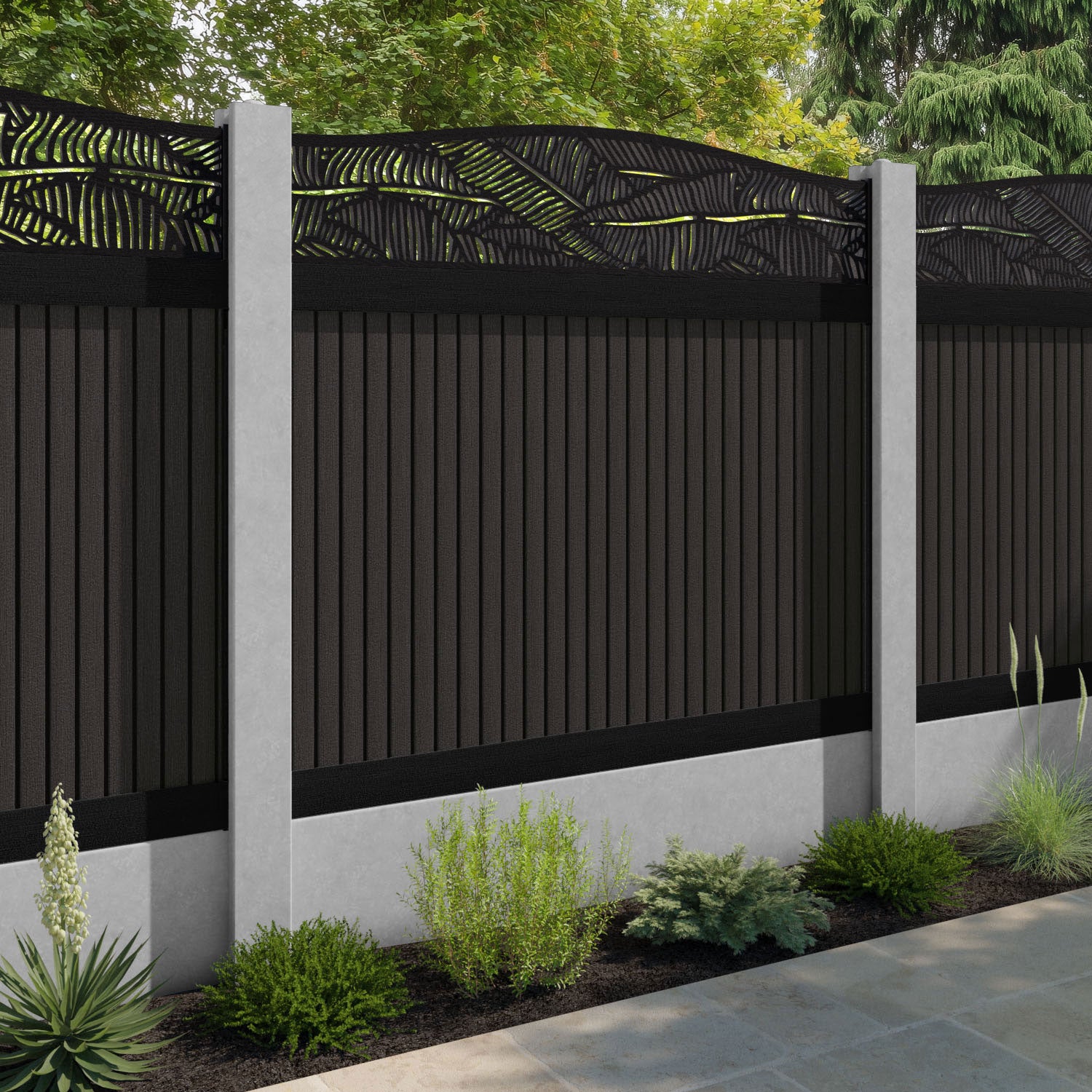 Virtis Feather Curved Top Fence Panel - Dark Oak - for existing concrete posts