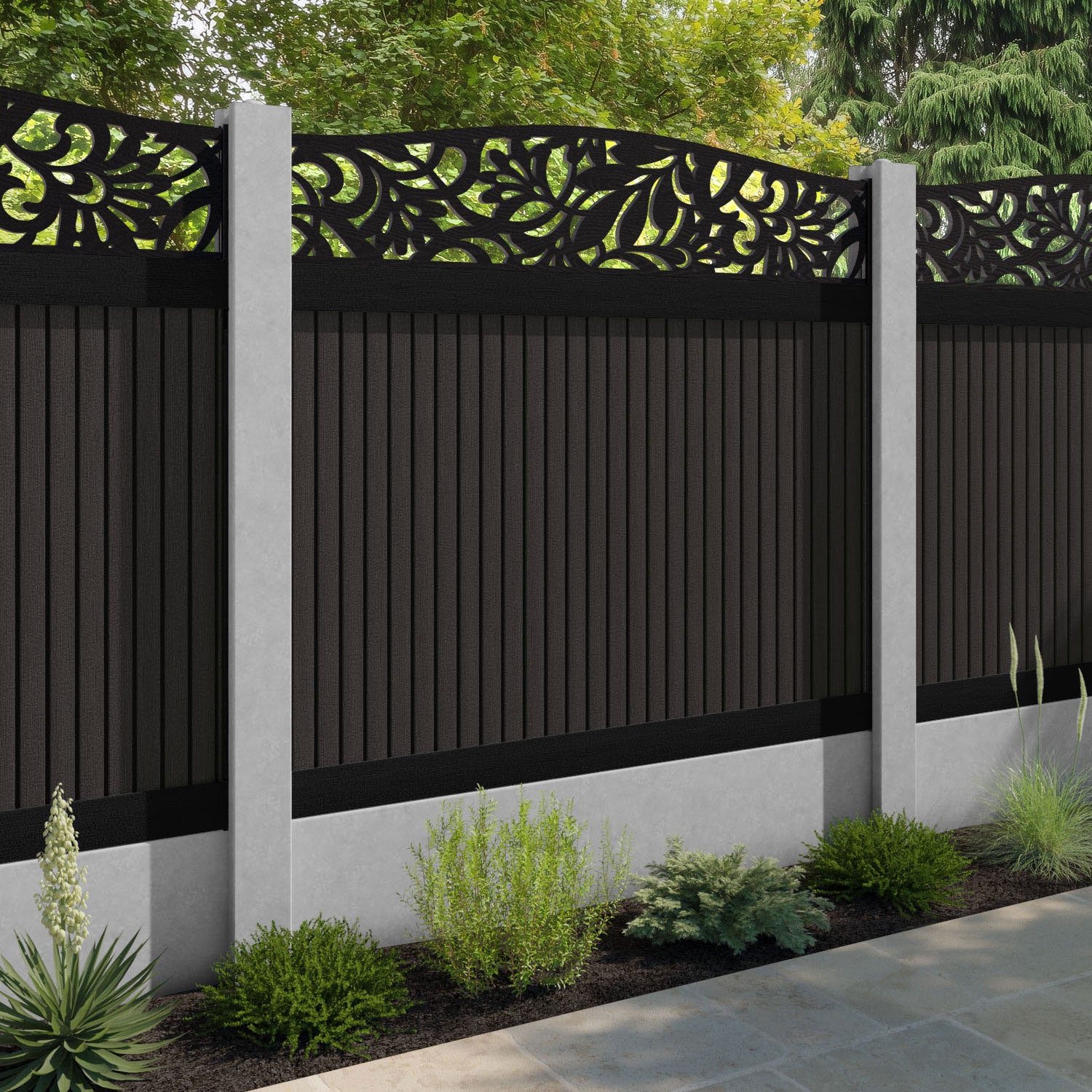 Virtis Heritage Curved Top Fence Panel - Dark Oak - for existing concrete posts