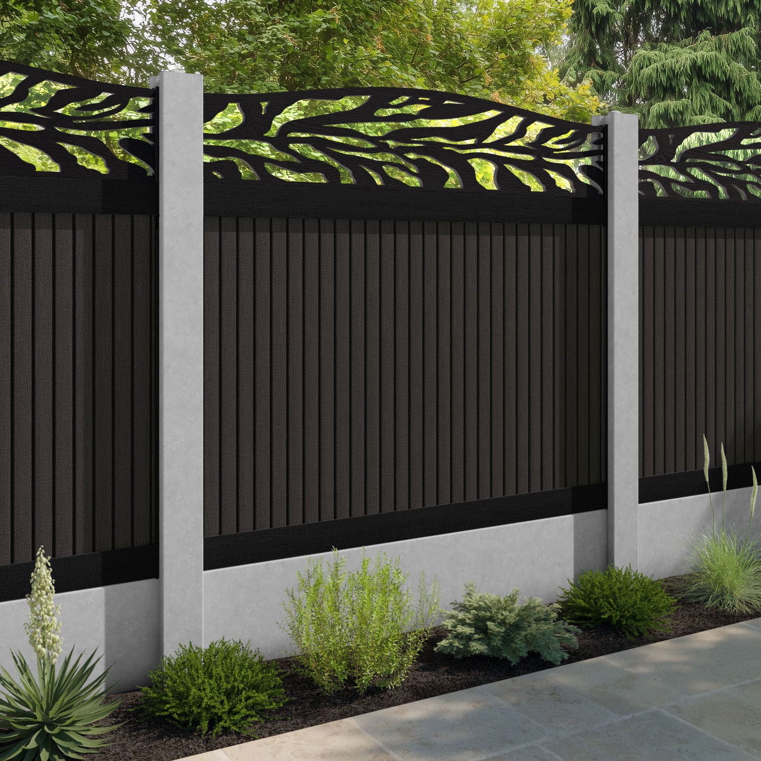 Virtis Malawi Curved Top Fence Panel - Dark Oak - for existing concrete posts