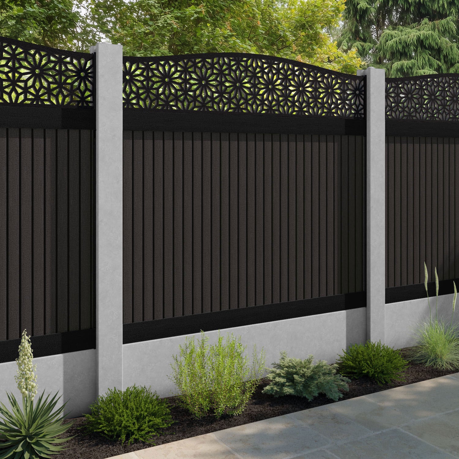 Virtis Narwa Curved Top Fence Panel - Dark Oak - for existing concrete posts
