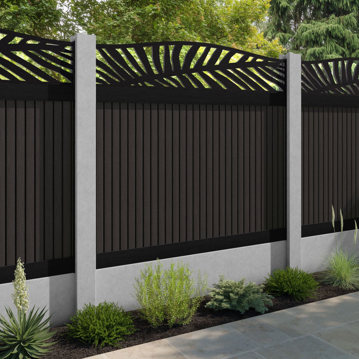 Virtis Palm Curved Top Fence Panel - Dark Oak - for existing concrete posts