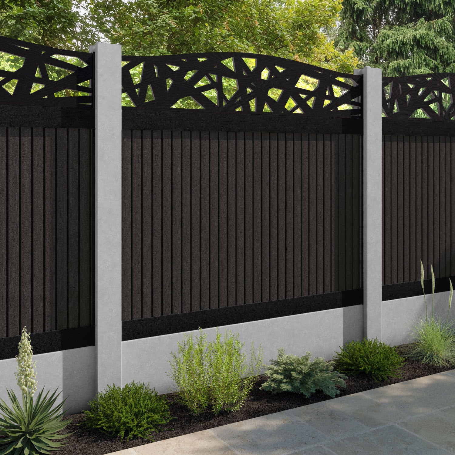 Virtis Prism Curved Top Fence Panel - Dark Oak - for existing concrete posts