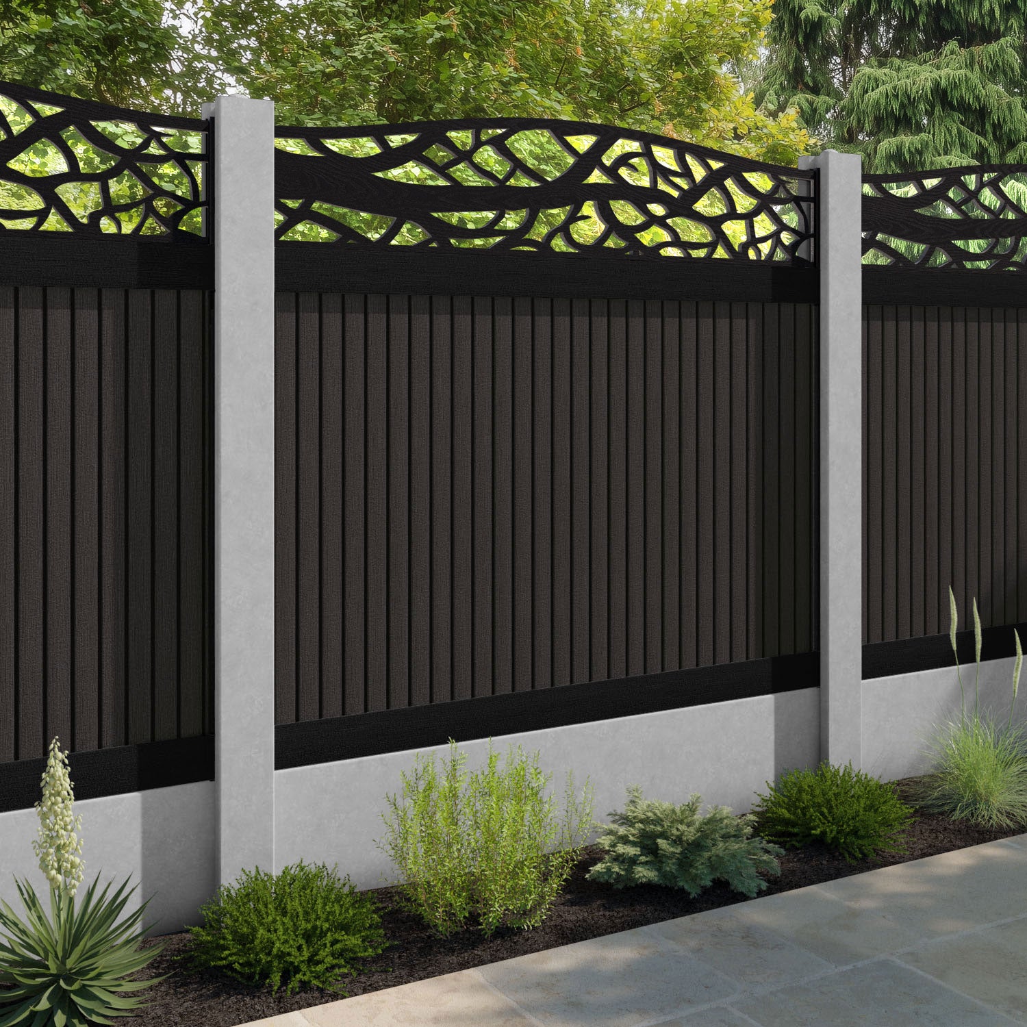 Virtis Twilight Curved Top Fence Panel - Dark Oak - for existing concrete posts