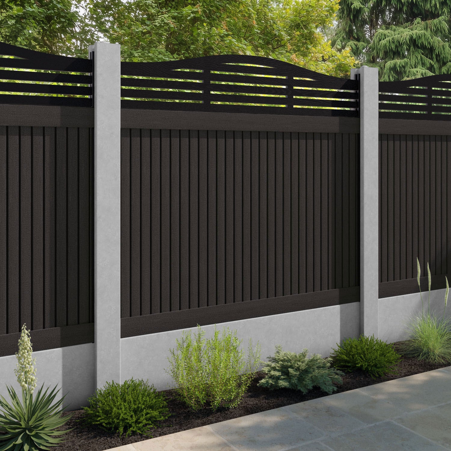 Virtis Aspen Curved Top Fence Panel - Dark Oak - for existing concrete posts
