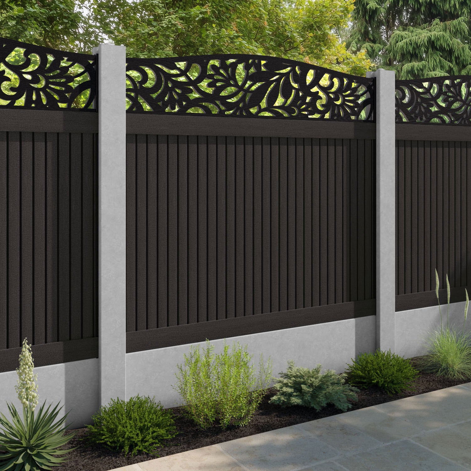 Virtis Heritage Curved Top Fence Panel - Dark Oak - for existing concrete posts
