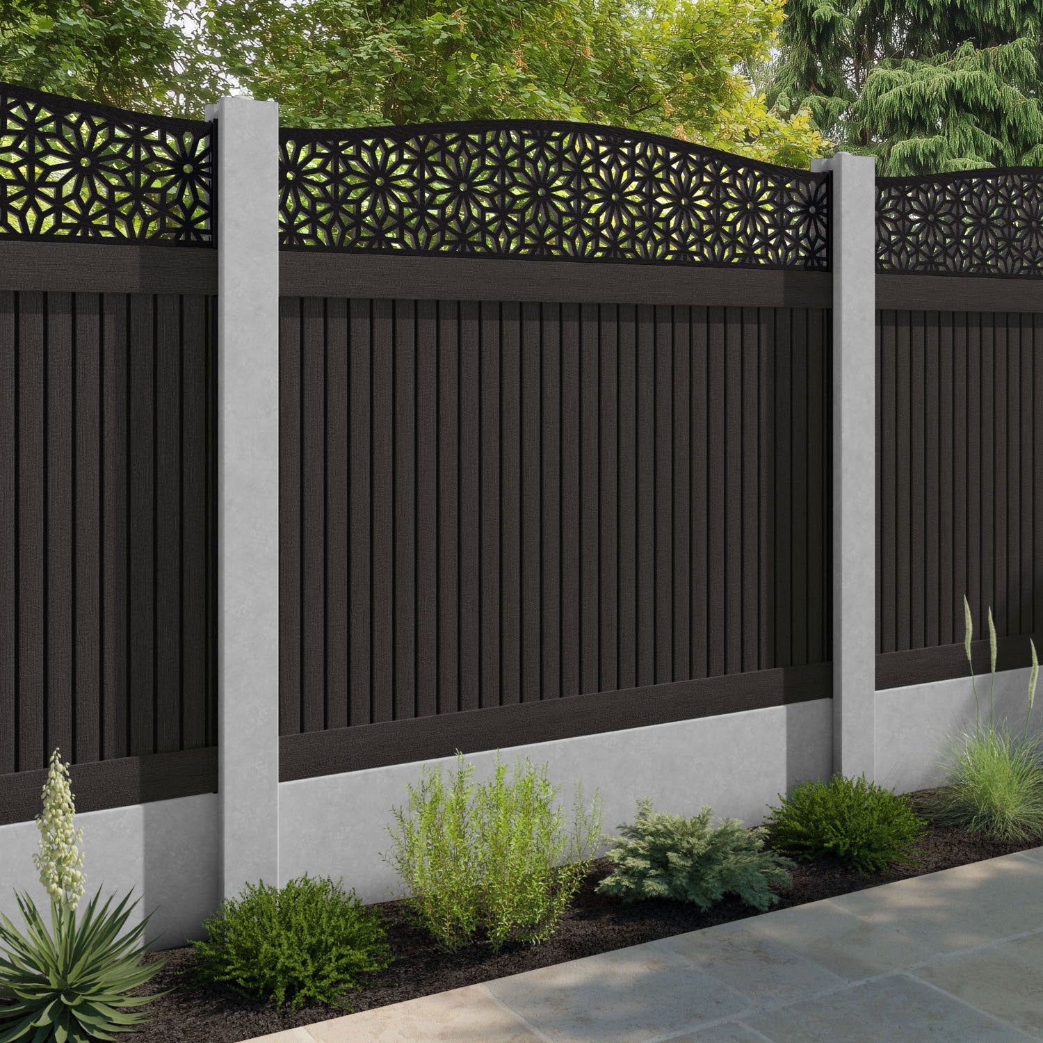 Virtis Narwa Curved Top Fence Panel - Dark Oak - for existing concrete posts