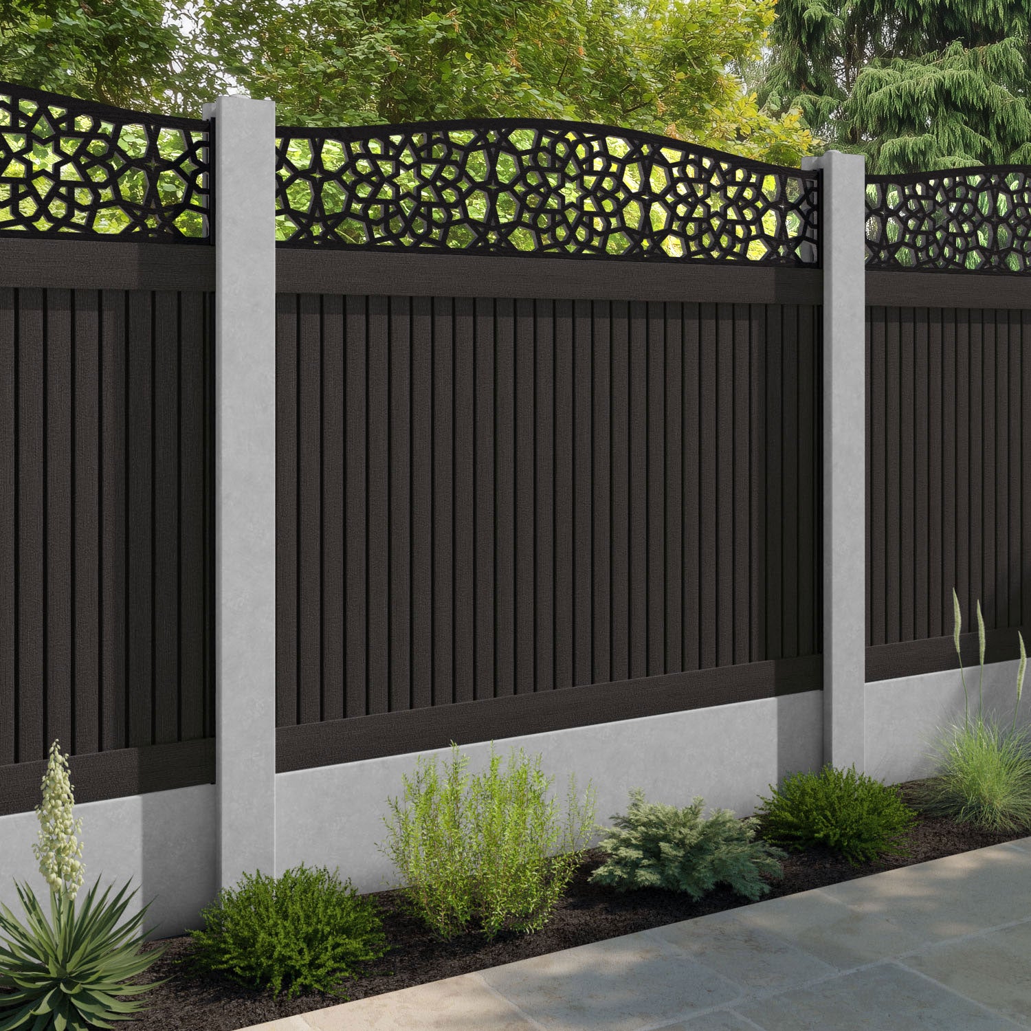 Virtis Nazira Curved Top Fence Panel - Dark Oak - for existing concrete posts