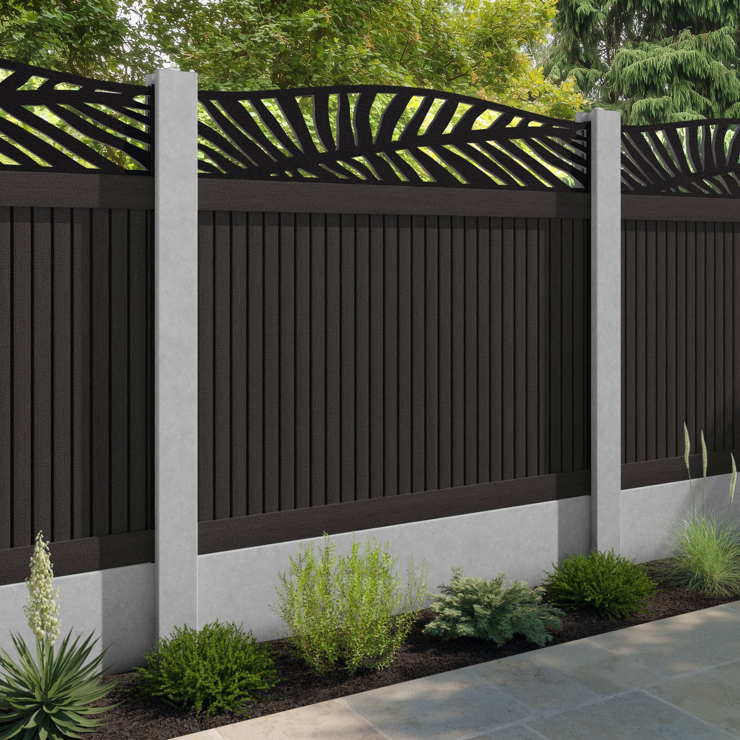 Virtis Palm Curved Top Fence Panel - Dark Oak - for existing concrete posts