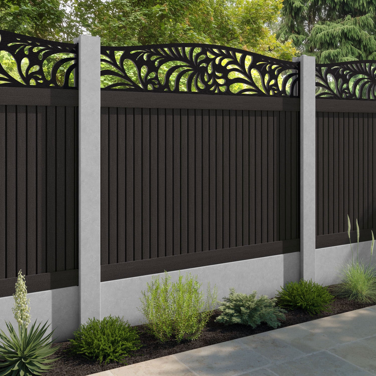Virtis Petal Curved Top Fence Panel - Dark Oak - for existing concrete posts