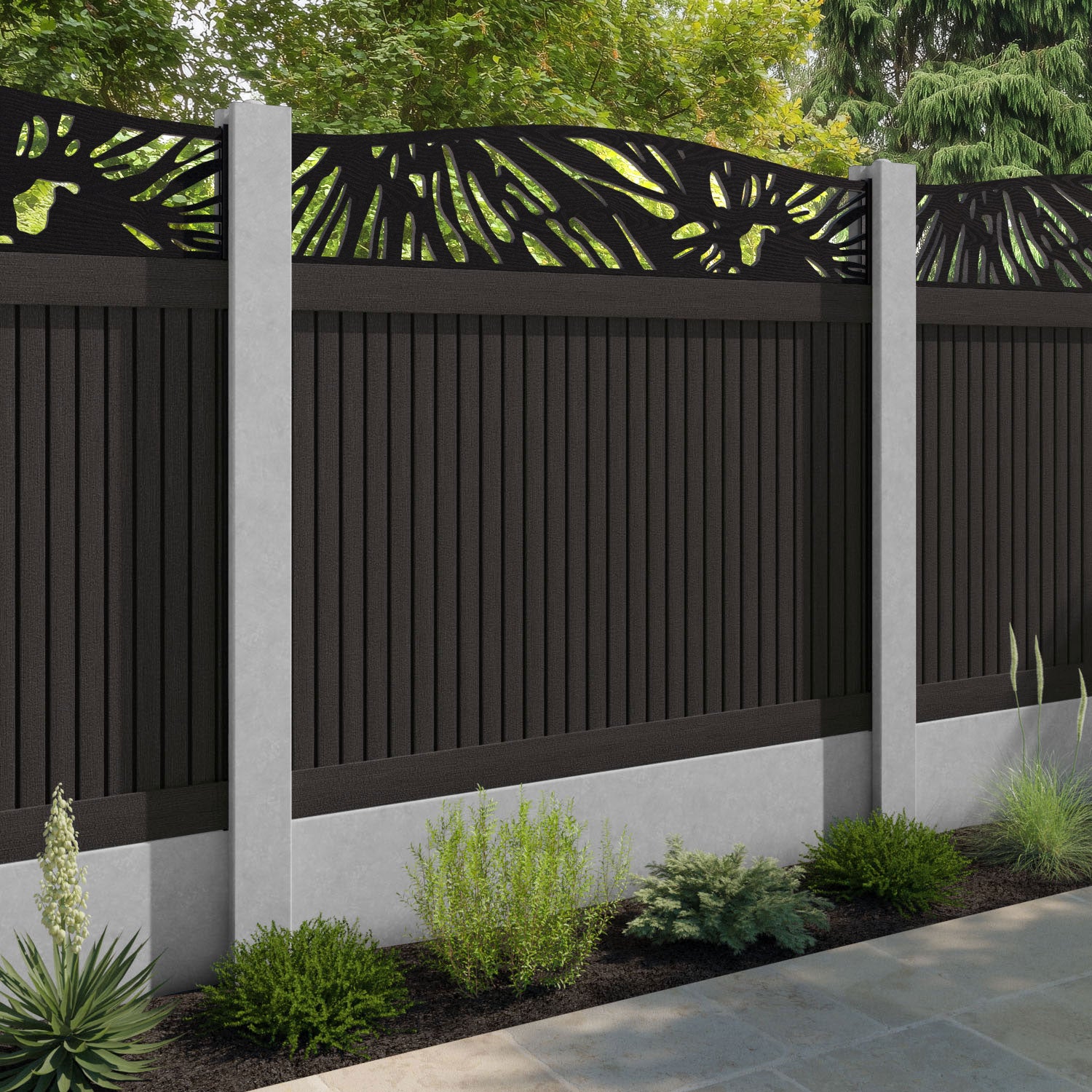 Virtis Poppy Curved Top Fence Panel - Dark Oak - for existing concrete posts