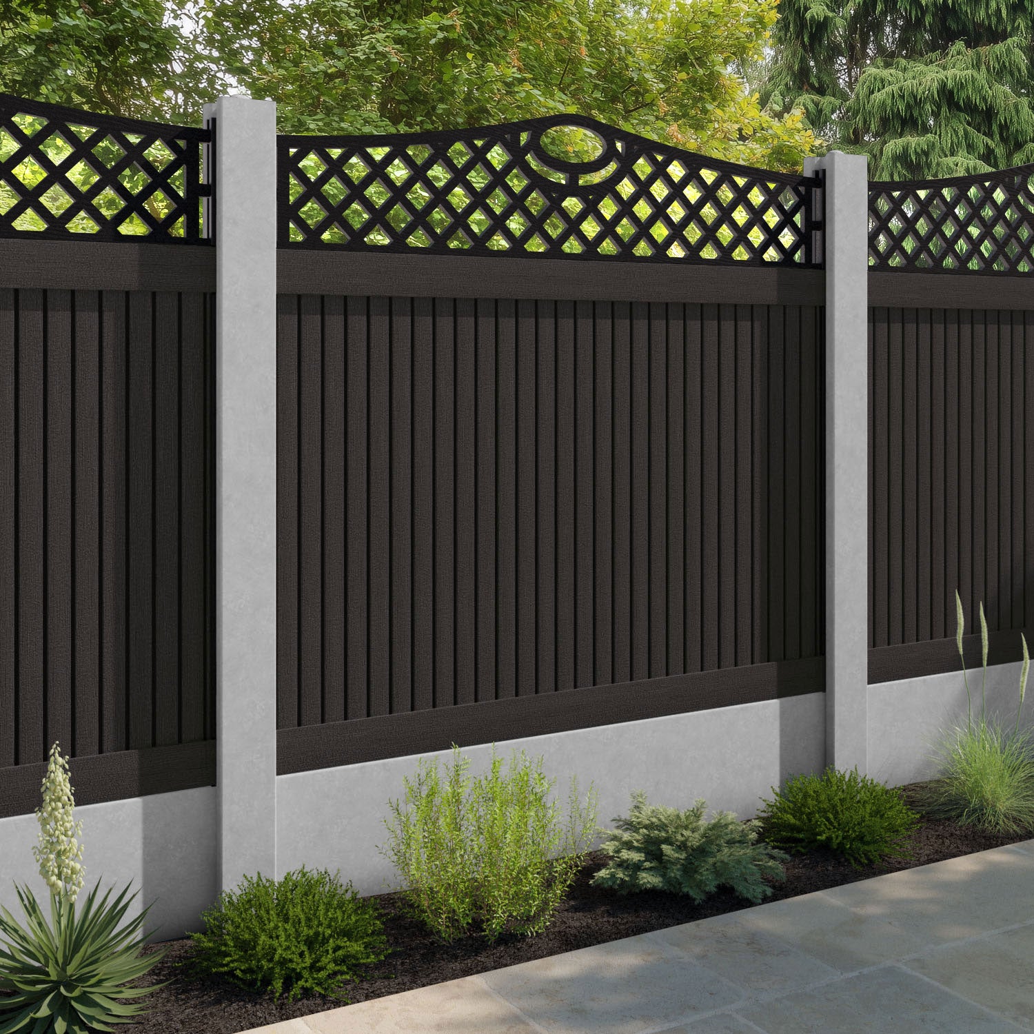 Virtis Oxford Curved Top Fence Panel - Dark Oak - for existing concrete posts