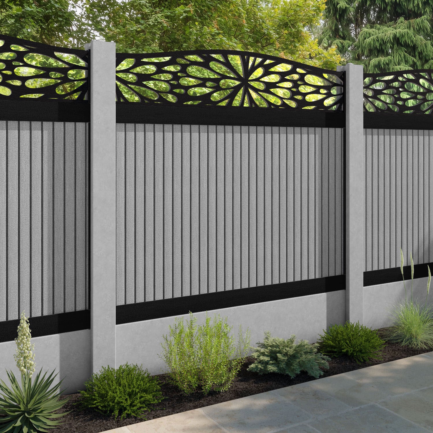 Virtis Blossom Curved Top Fence Panel - Light Grey - for existing concrete posts