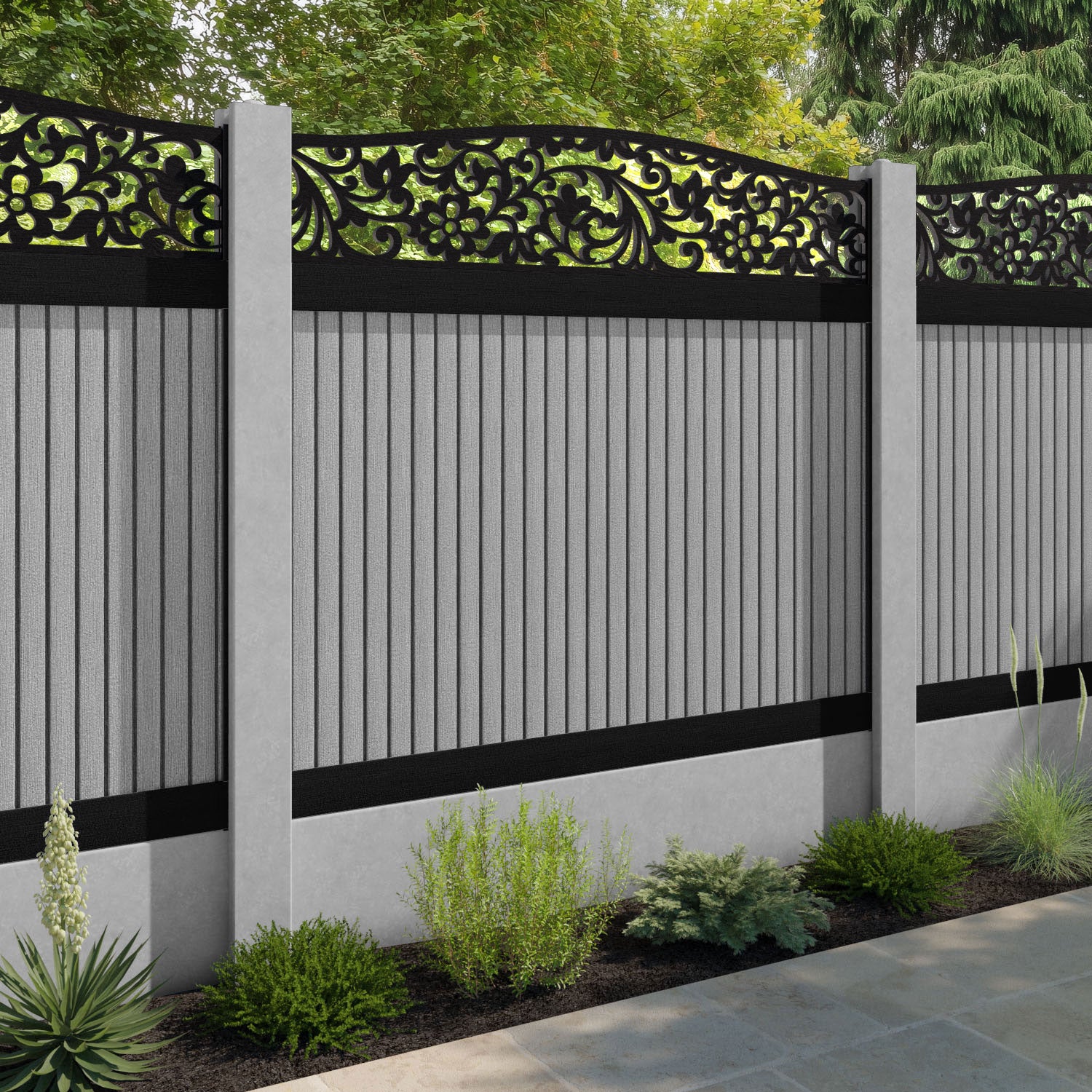 Virtis Eden Curved Top Fence Panel - Light Grey - for existing concrete posts
