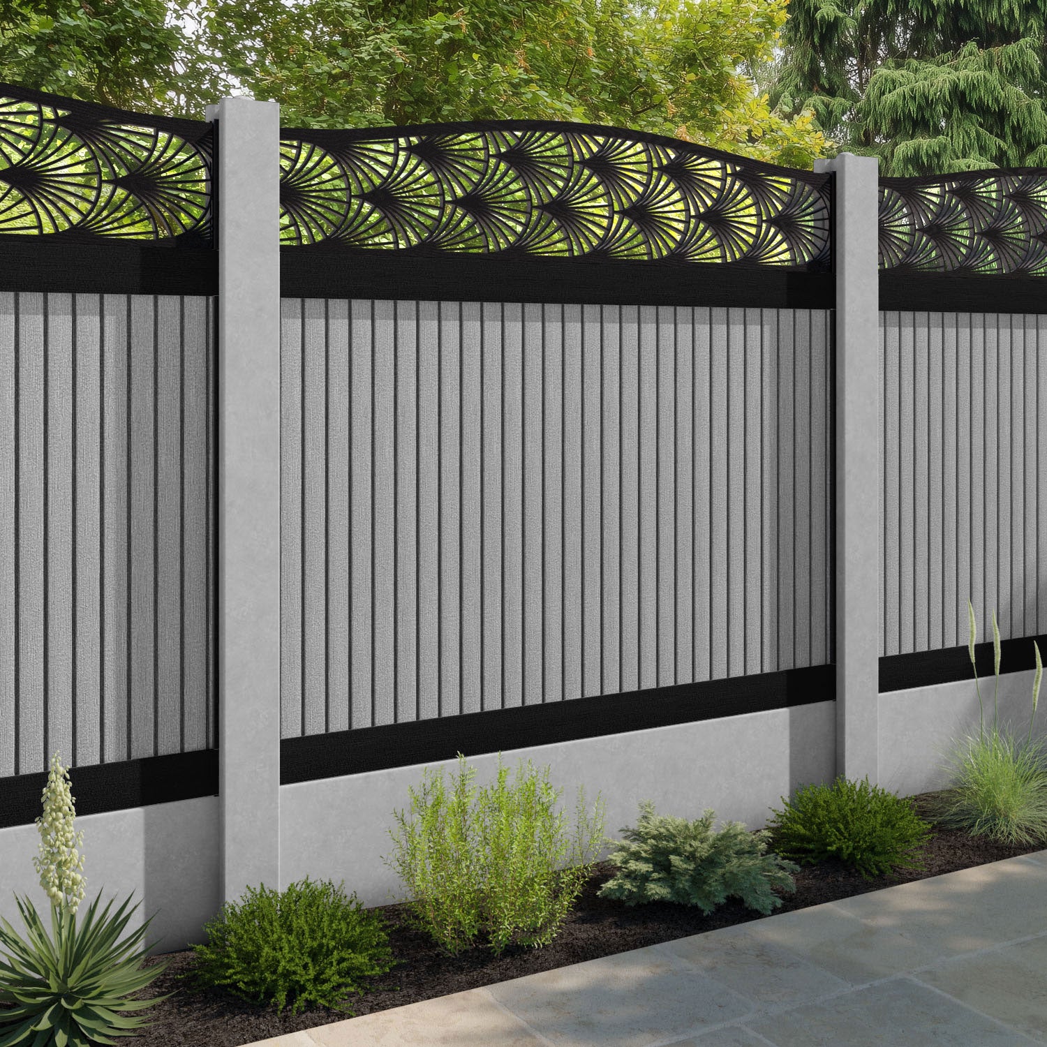 Virtis Laurel Curved Top Fence Panel - Light Grey - for existing concrete posts