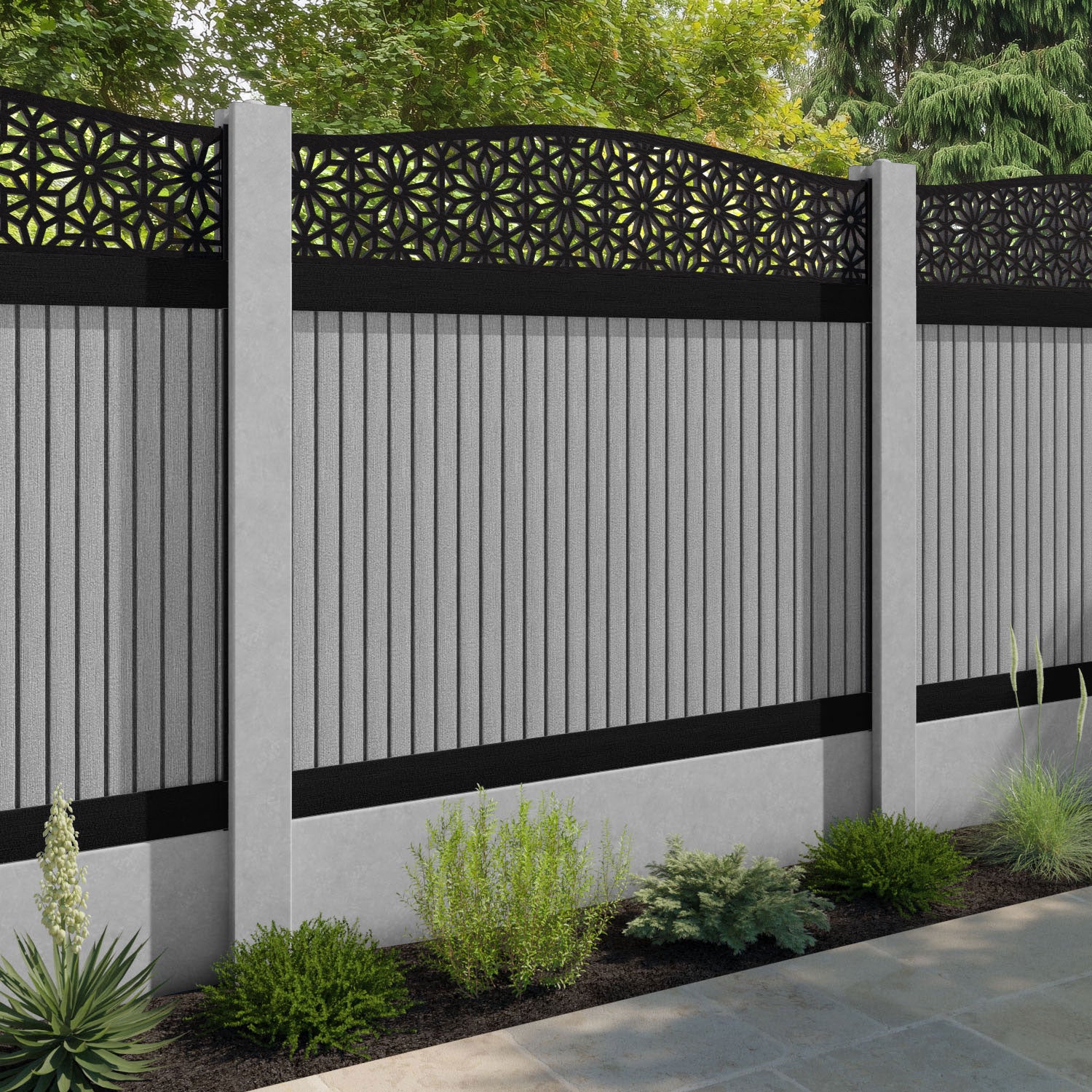 Virtis Narwa Curved Top Fence Panel - Light Grey - for existing concrete posts