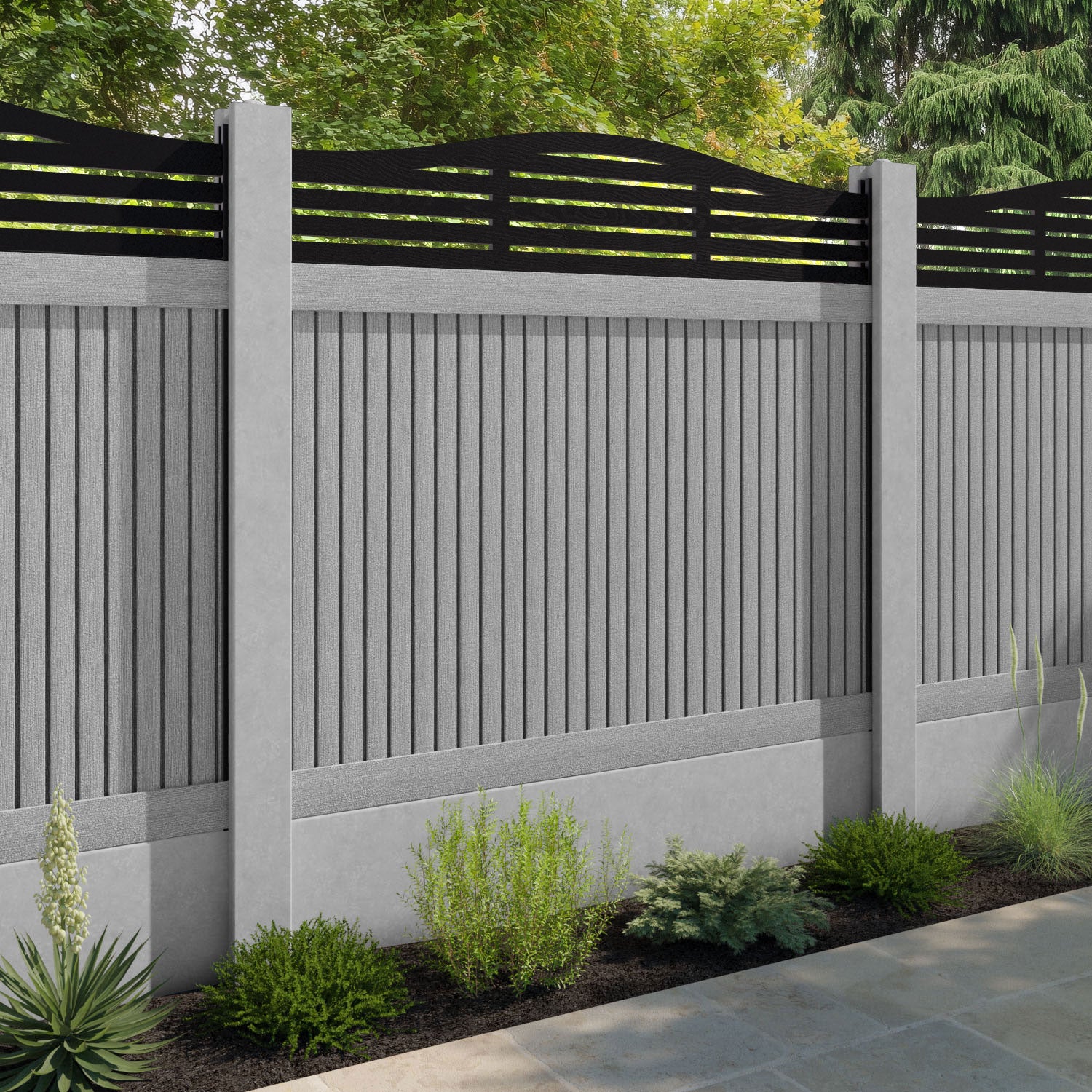 Virtis Aspen Curved Top Fence Panel - Light Grey - for existing concrete posts