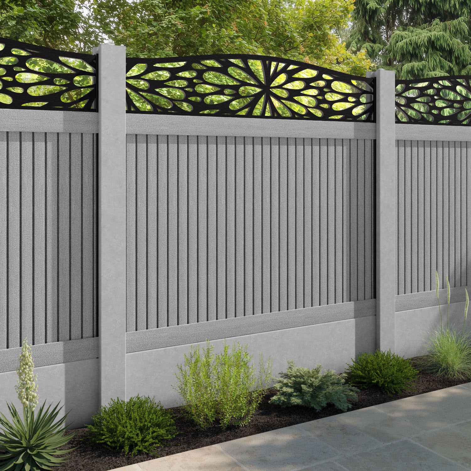 Virtis Blossom Curved Top Fence Panel - Light Grey - for existing concrete posts
