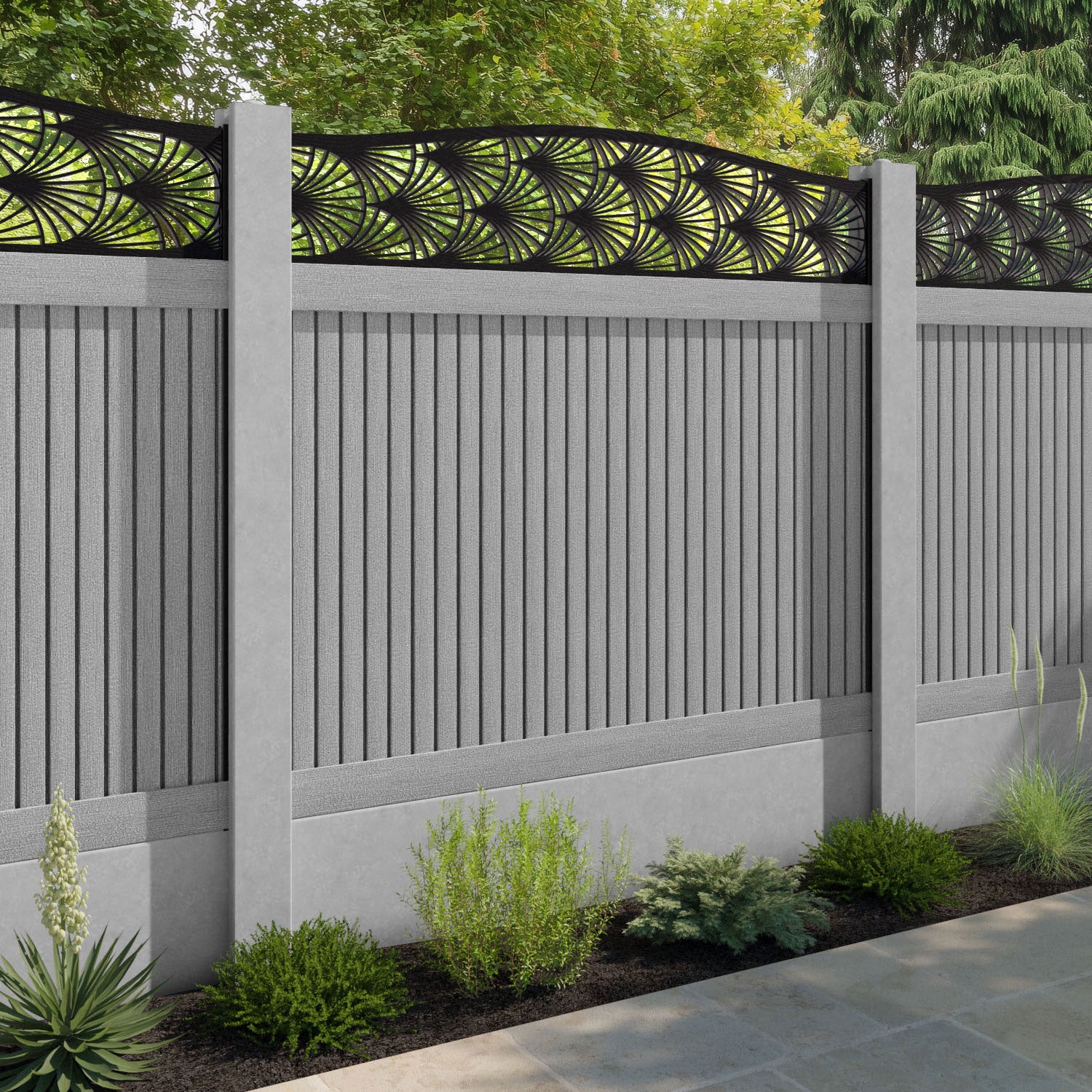 Virtis Laurel Curved Top Fence Panel - Light Grey - for existing concrete posts