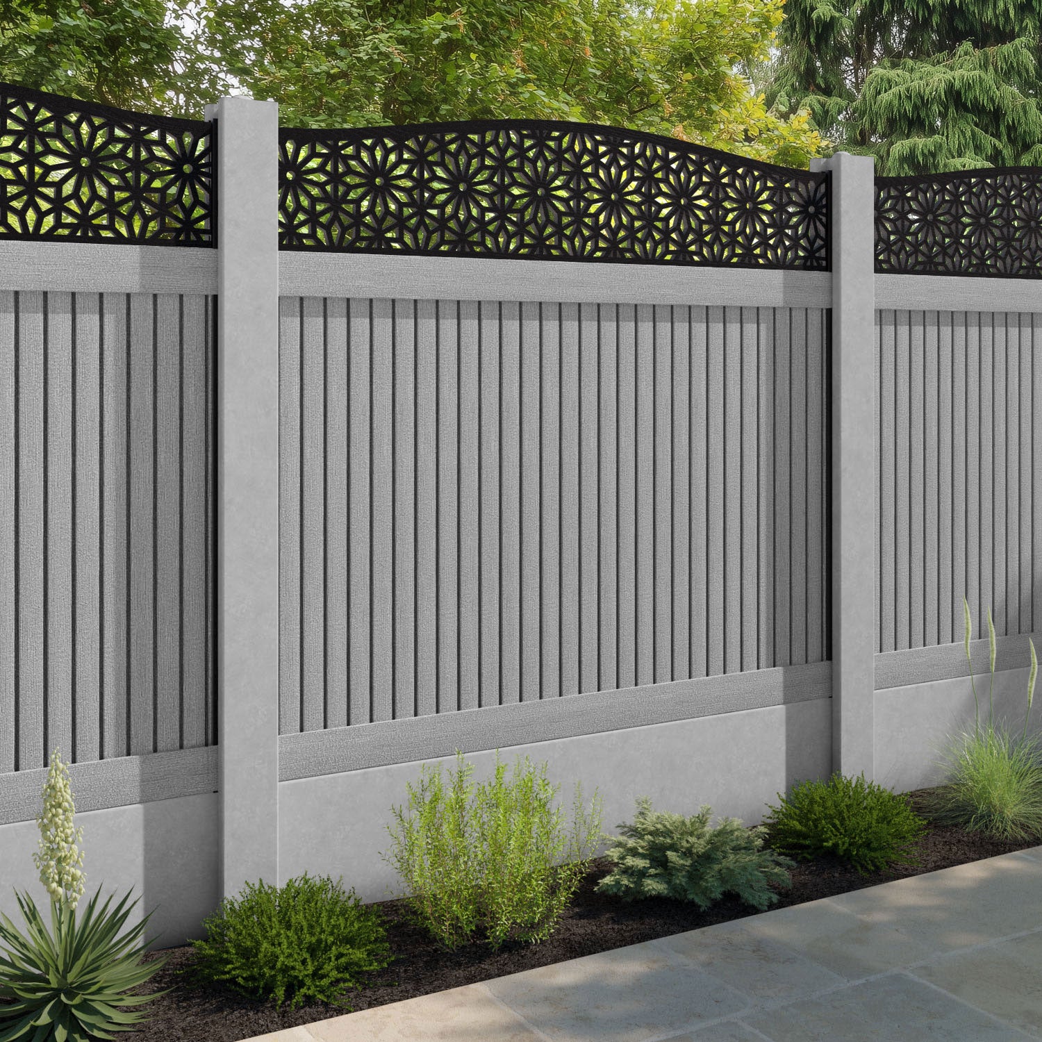 Virtis Narwa Curved Top Fence Panel - Light Grey - for existing concrete posts