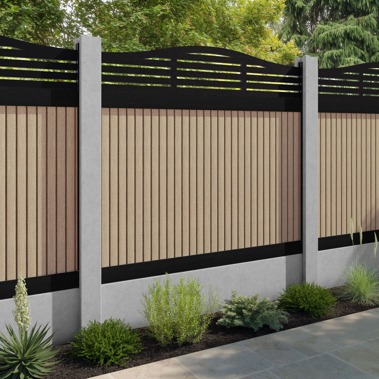 Virtis Aspen Curved Top Fence Panel - Light Oak - for existing concrete posts