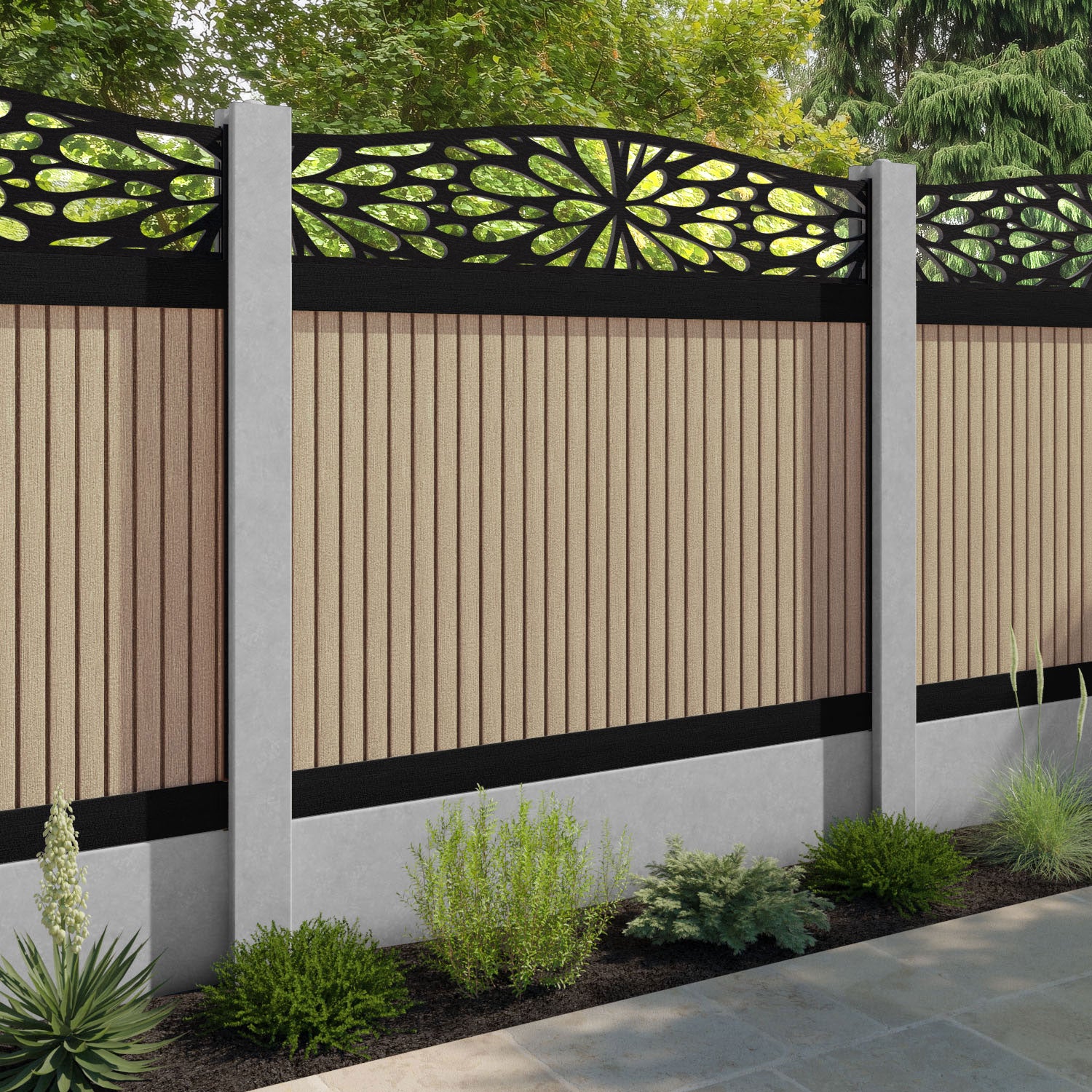 Virtis Blossom Curved Top Fence Panel - Light Oak - for existing concrete posts