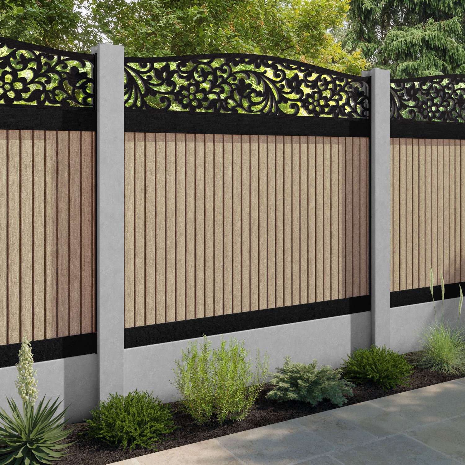 Virtis Eden Curved Top Fence Panel - Light Oak - for existing concrete posts