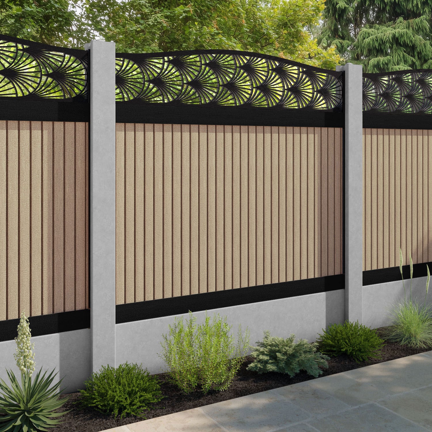 Virtis Laurel Curved Top Fence Panel - Light Oak - for existing concrete posts