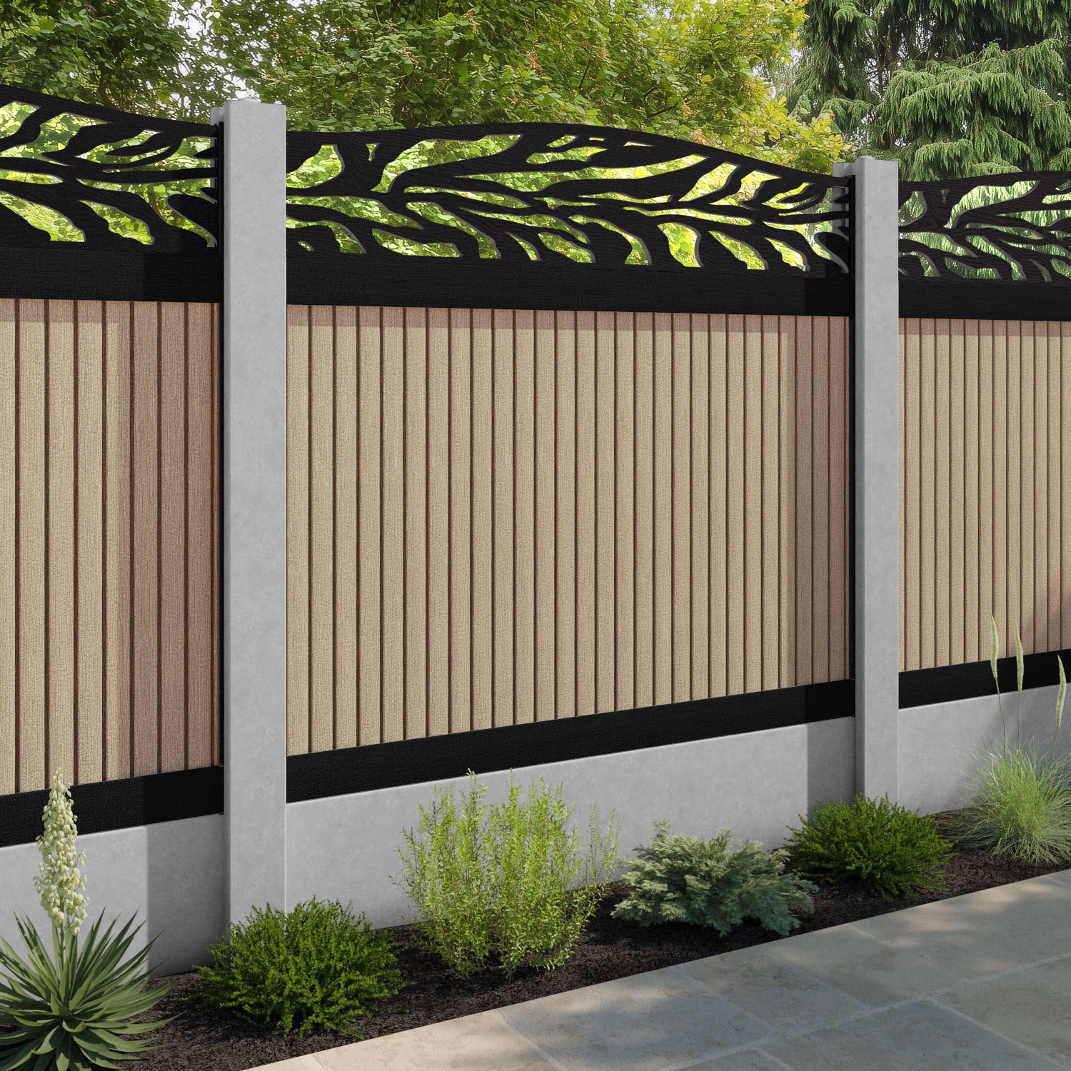 Virtis Malawi Curved Top Fence Panel - Light Oak - for existing concrete posts