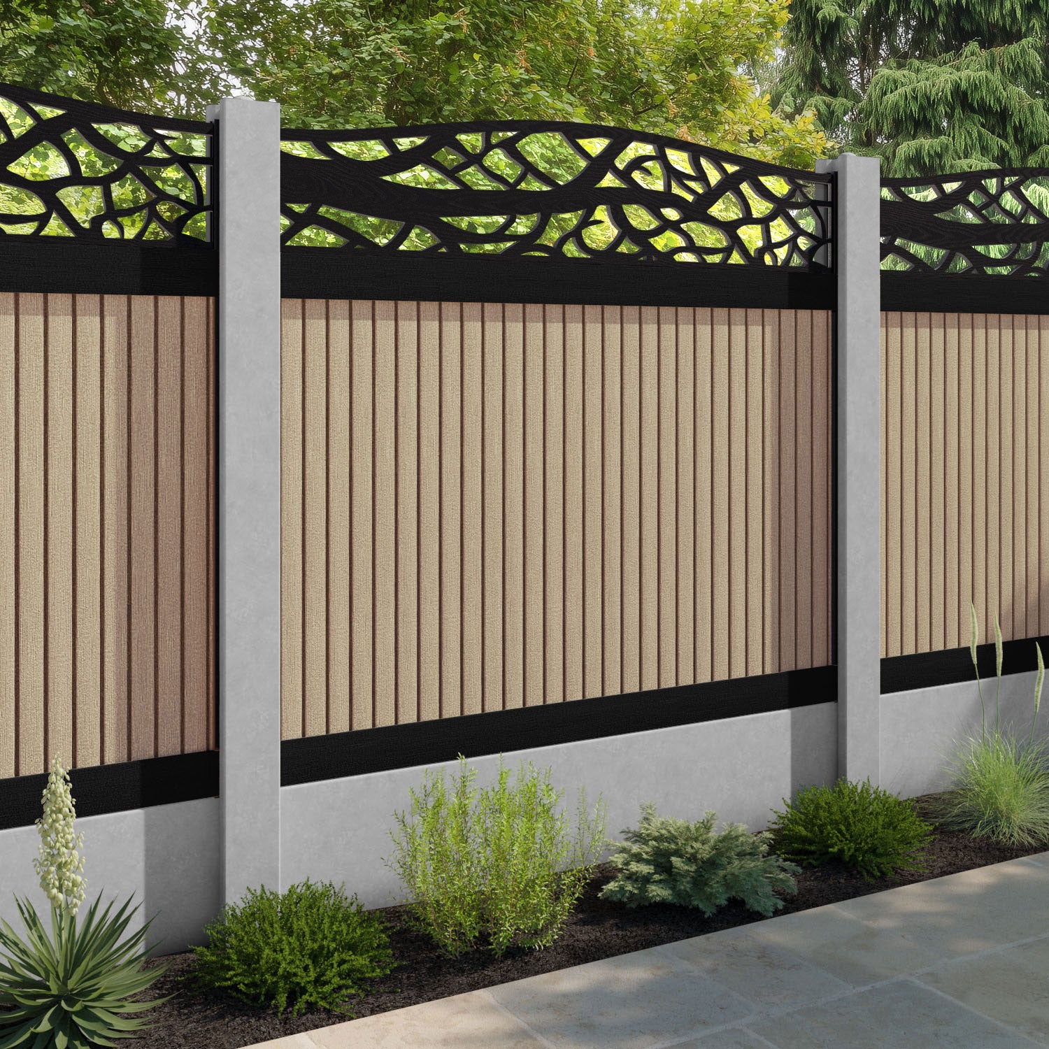 Virtis Twilight Curved Top Fence Panel - Light Oak - for existing concrete posts