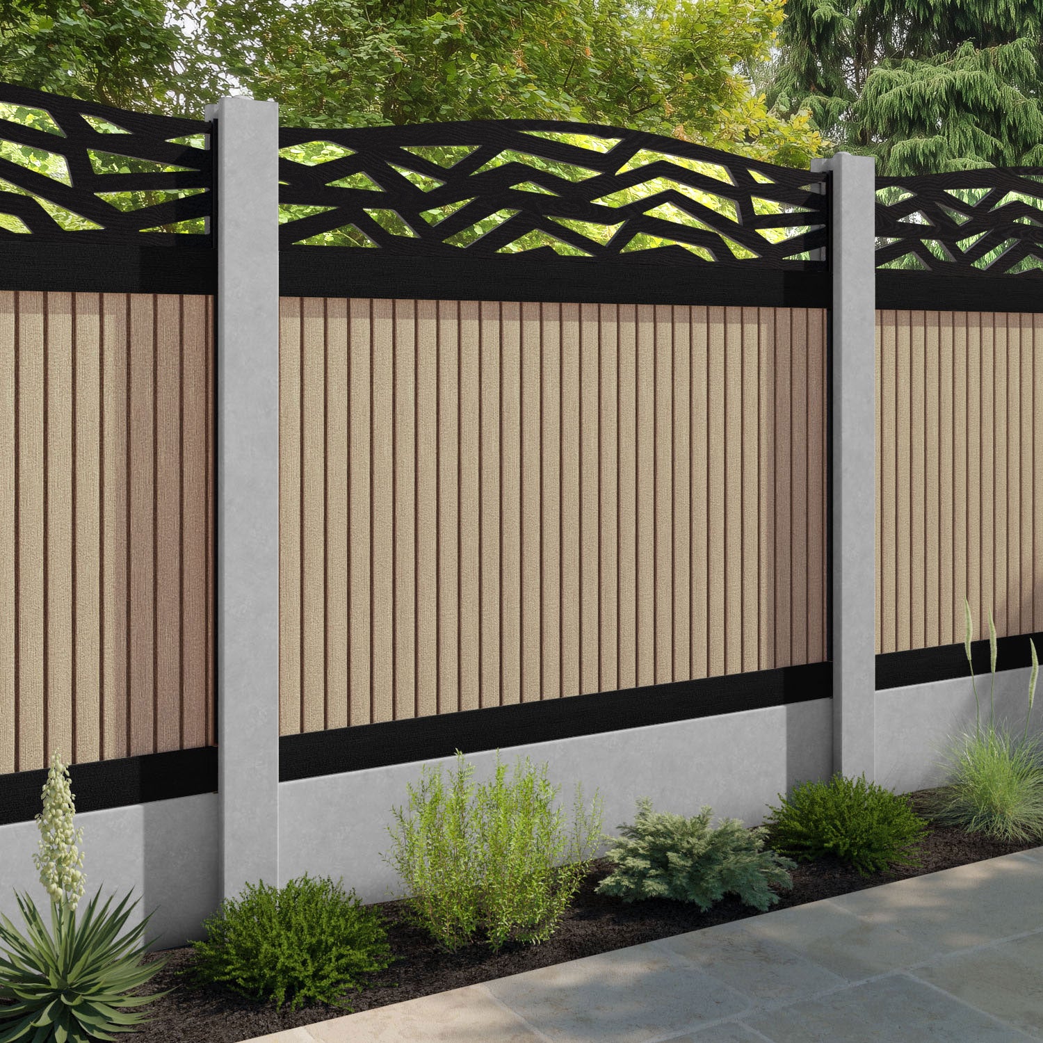 Virtis Zenith Curved Top Fence Panel - Light Oak - for existing concrete posts