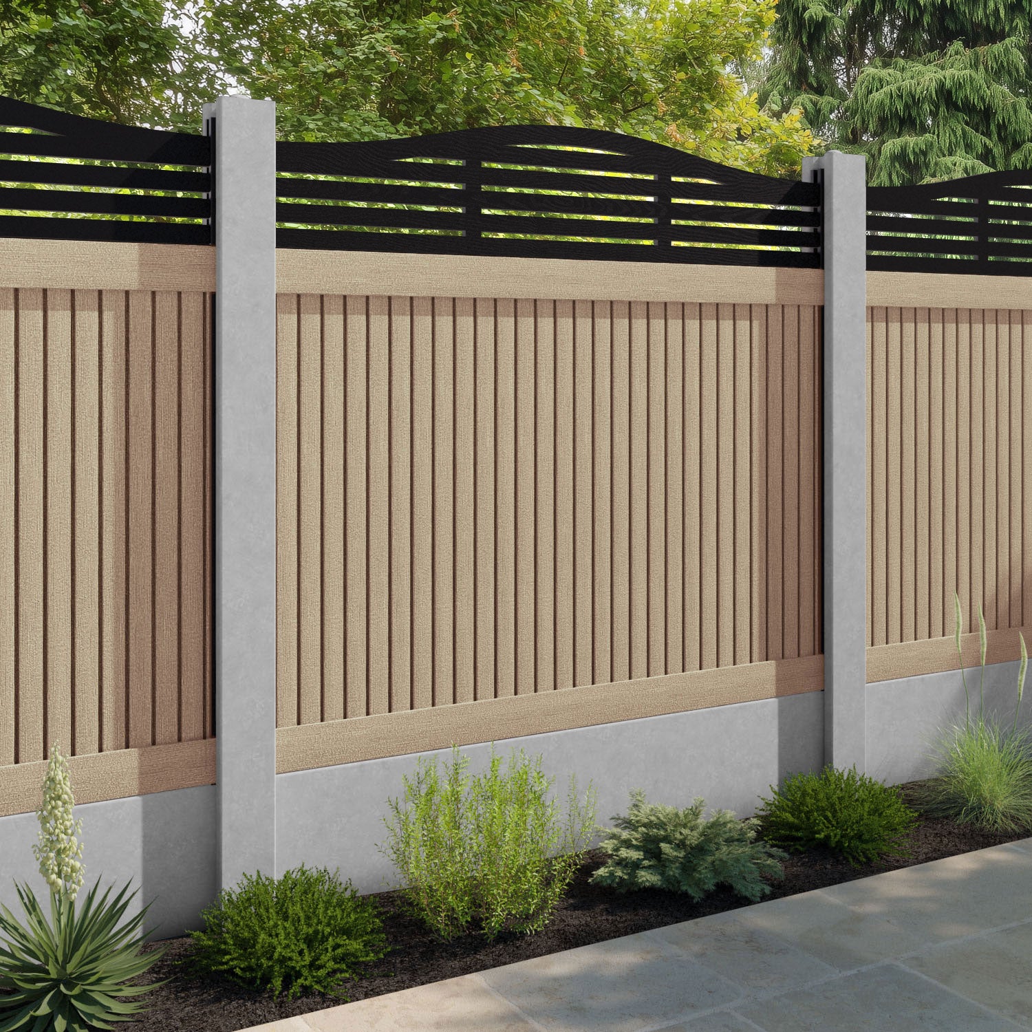 Virtis Aspen Curved Top Fence Panel - Light Oak - for existing concrete posts