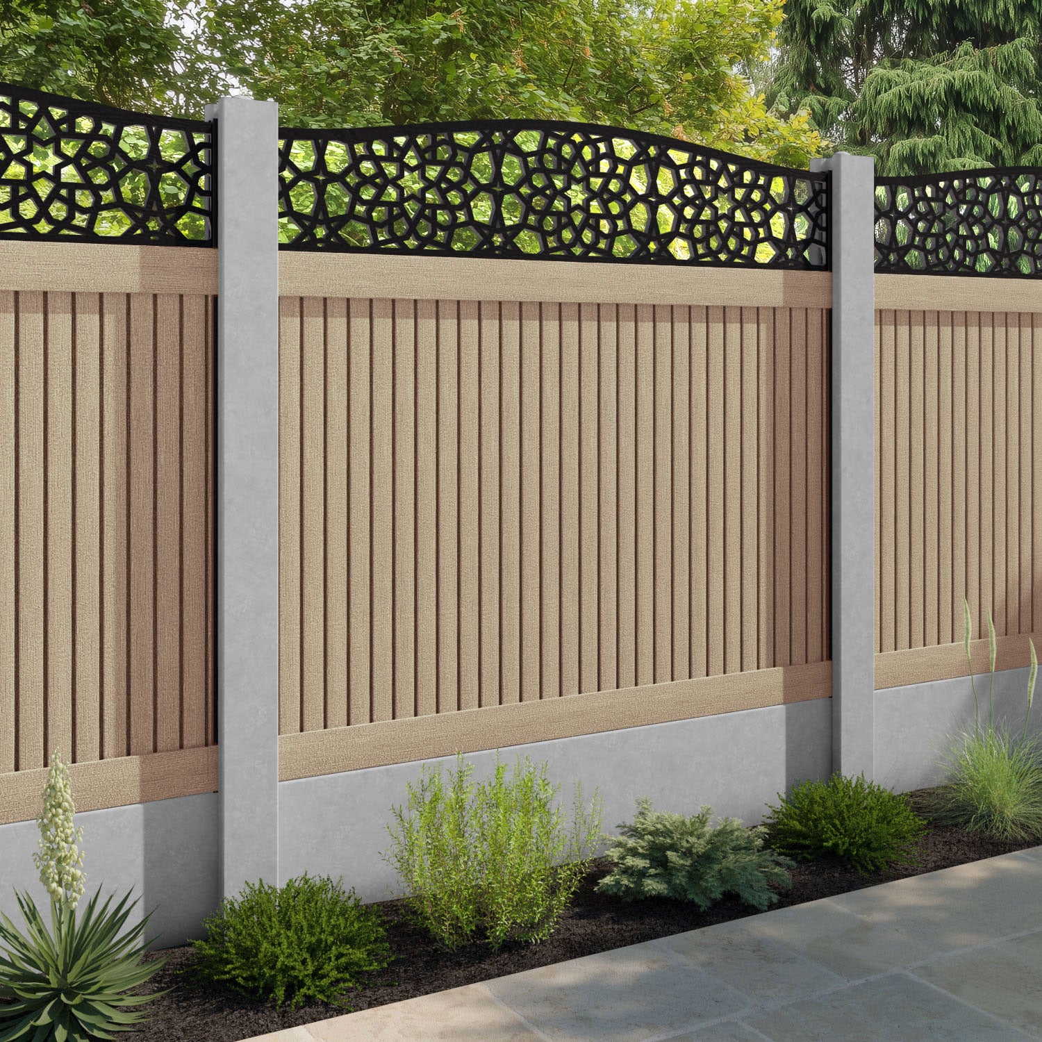 Virtis Nazira Curved Top Fence Panel - Light Oak - for existing concrete posts